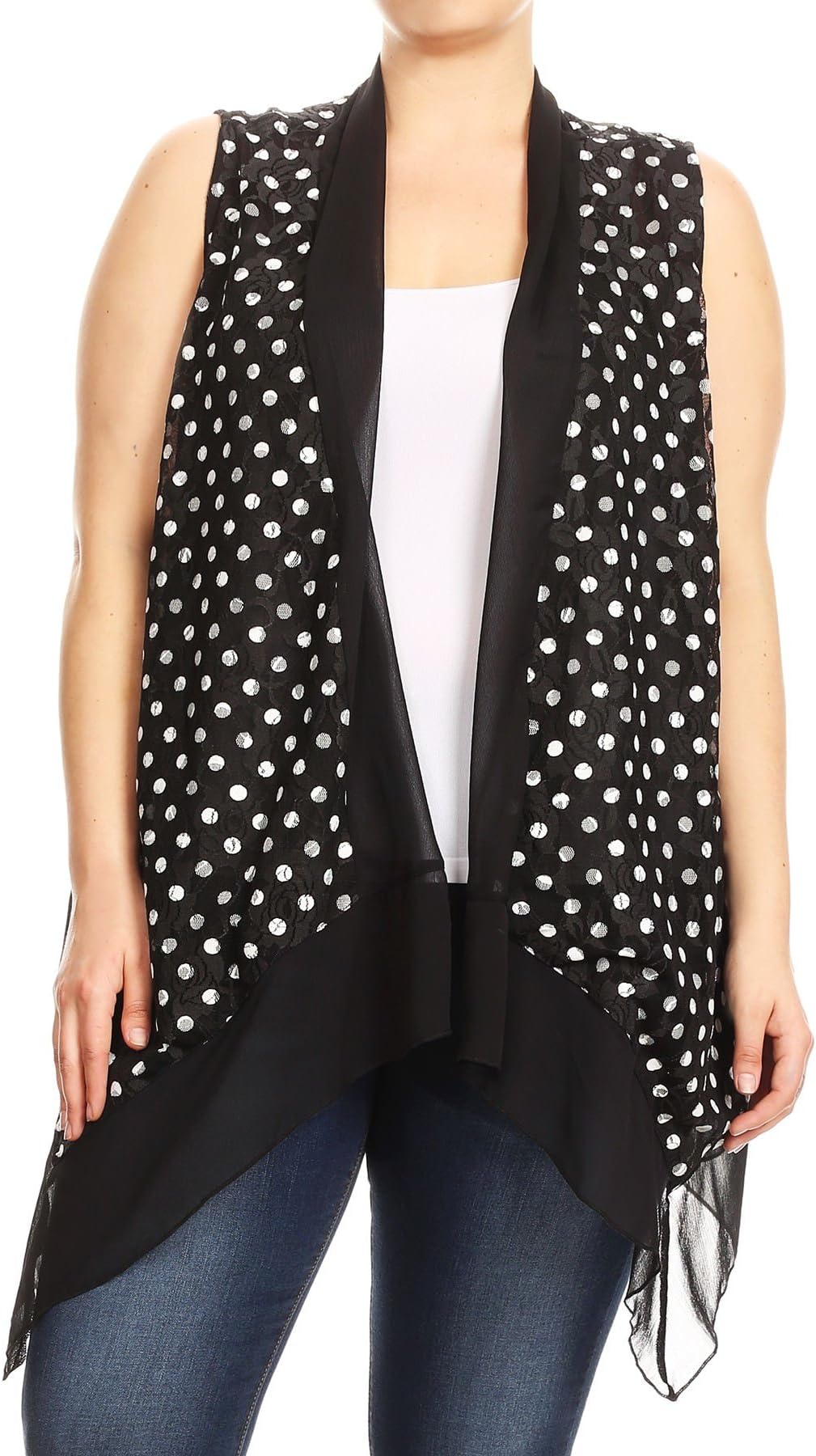 Women Plus Size Sleeveless Chiffon Multi Fabric Lace Cardigan Vest Top 1XL-3XL