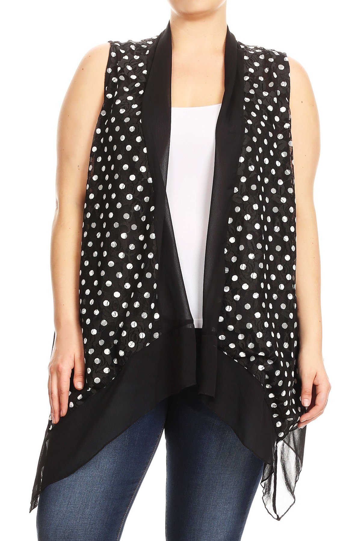 Women Plus Size Sleeveless Chiffon Multi Fabric Lace Cardigan Vest Top 1XL-3XL