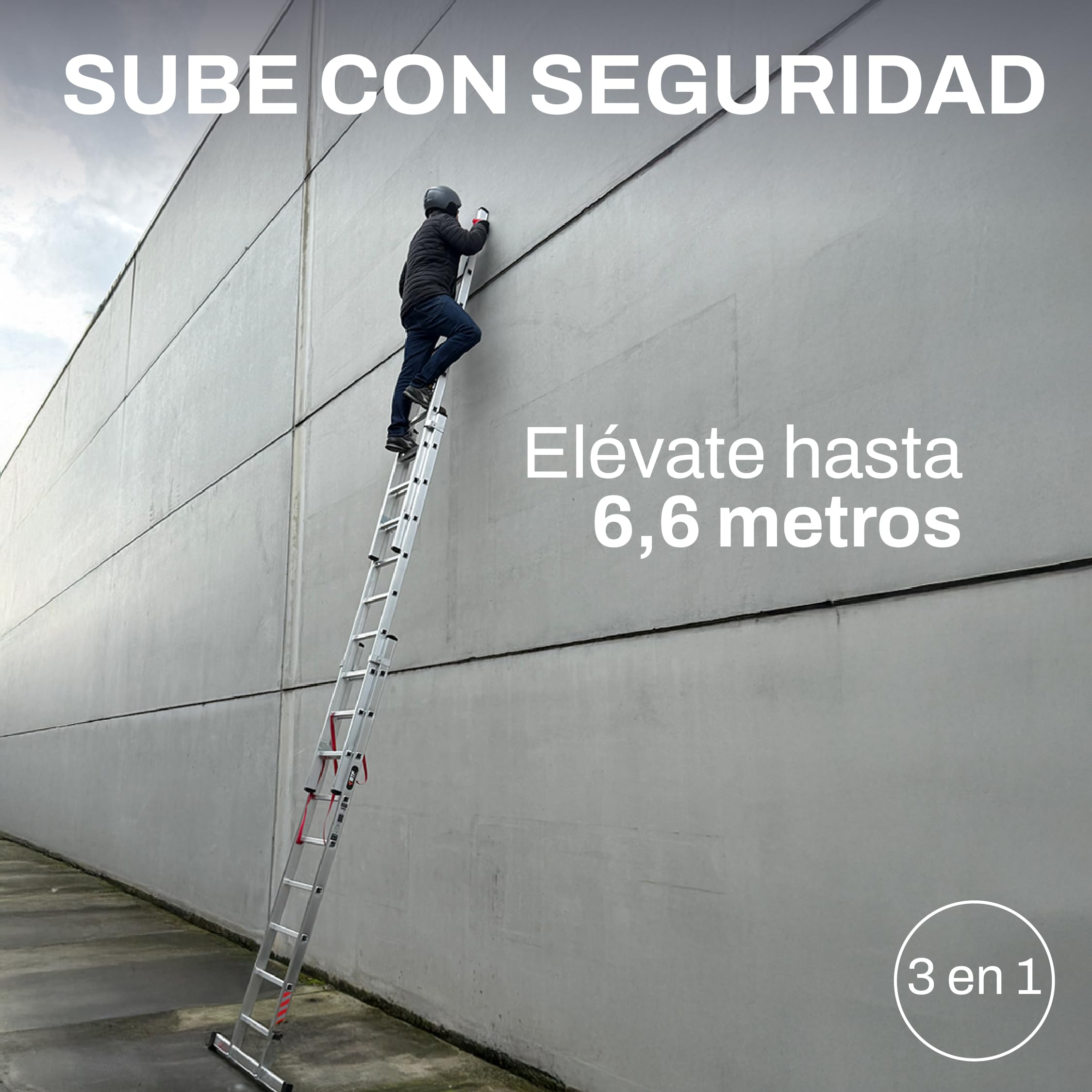 BTF Escalera de Mano Triple de Aluminio 3x9 Peldaños, Escalera Transformable y Extensible de 5,6m para Uso Doméstico, Barra Estabilizadora, Carga 150kg, Norma EN131