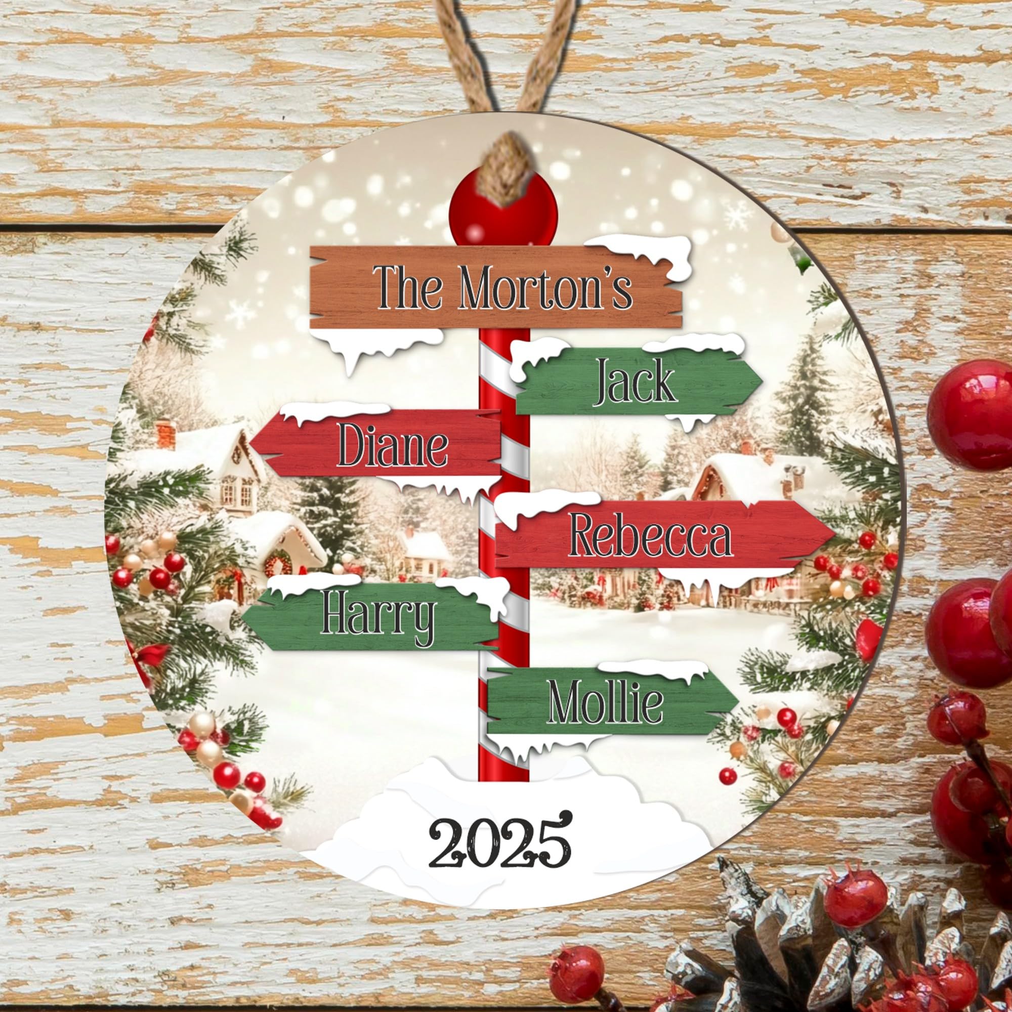 Personalised Winter Family Signpost Hanging Tree Decoration - Custom Children's Names Round Bauble with Snowy Scene for Family Keepsake Gifts (5 Sign posts, MDF Wood - Indoor Use Only)