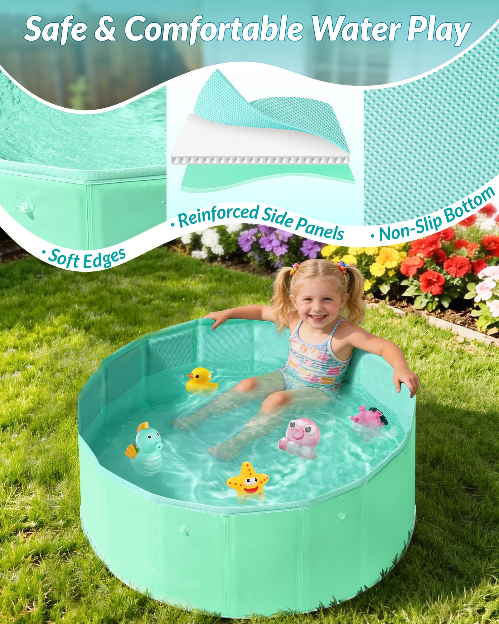 Hikiddy Piscina infantil con sombra: piscina desplegable de 80 cm con toldo para verano, playa, jardín (azul y menta, 80 cm)