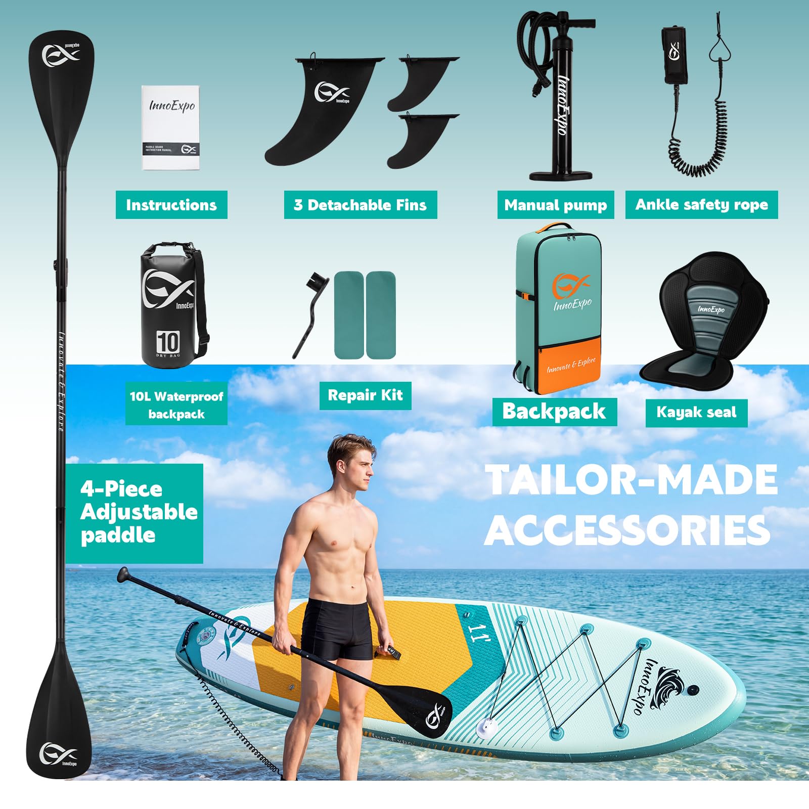 InnoExpo Aufblasbare Stand-Up-Paddle-Boards mit Premium-Zubehör, breites, stabiles SUP-Paddelboard-Design, rutschfestes Komfort-Deck für Jugendliche und Erwachsene