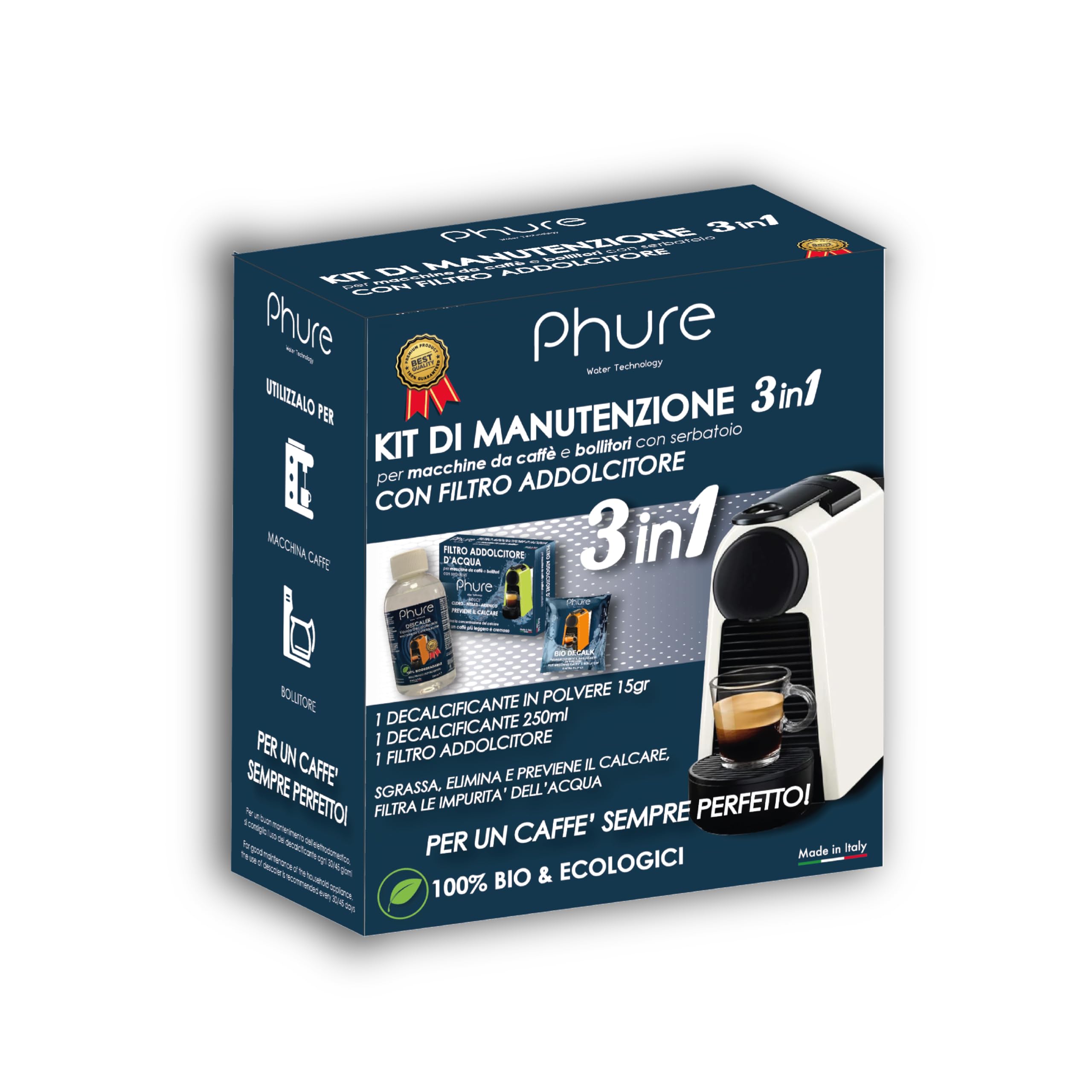 PHURE Decalcificante per Macchine da Caffè e Bollitori, Sgrassa, Elimina e Previene il Calcare, Filtro Impurità Acqua Decalci Kit Manutenzione 3 in 1 100% Bio ed Ecologici