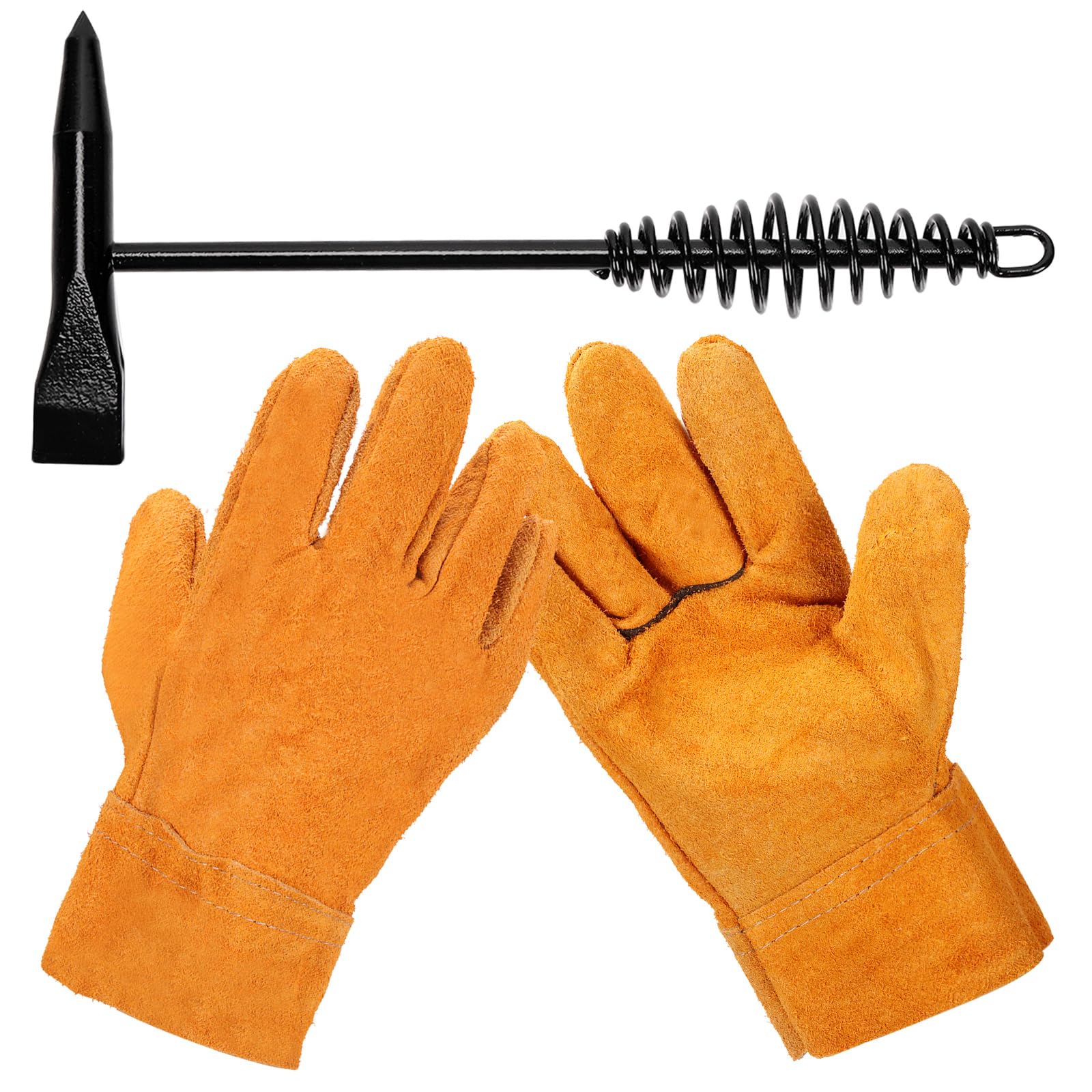 Swpeet 2Pcs 10" Welding Chipping Hammer and 10" Welding Gloves, Carbon Steel Hammer with Coil Spring Handle, Slag Removal Tool Kit