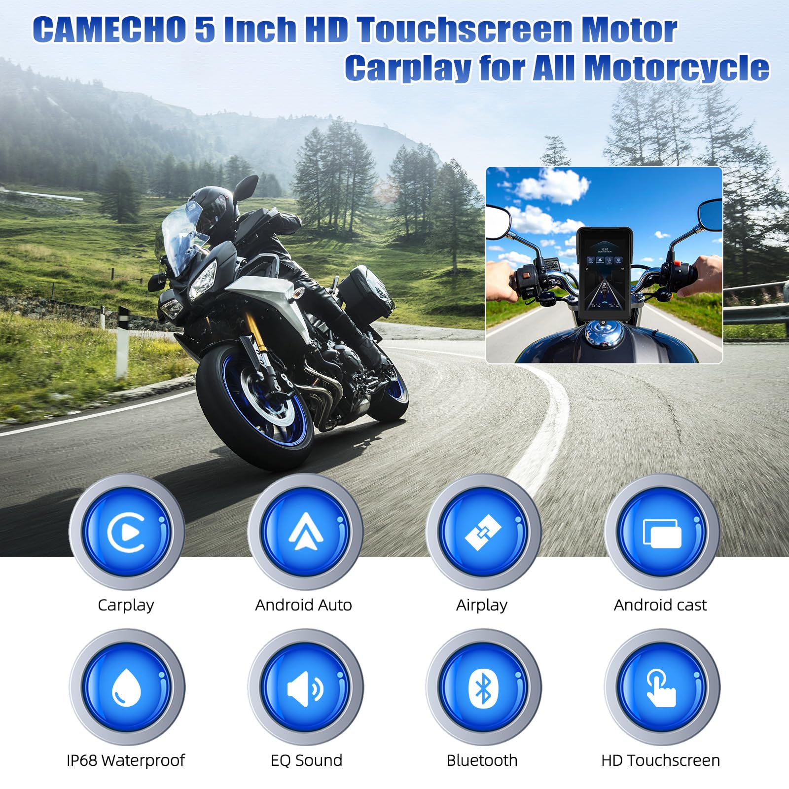 CAMECHO 5 Pollici Carplay Schermo Moto Wireless Carplay Android Auto IP68 Navigazione Impermeabile Touchscreen Bluetooth 12V