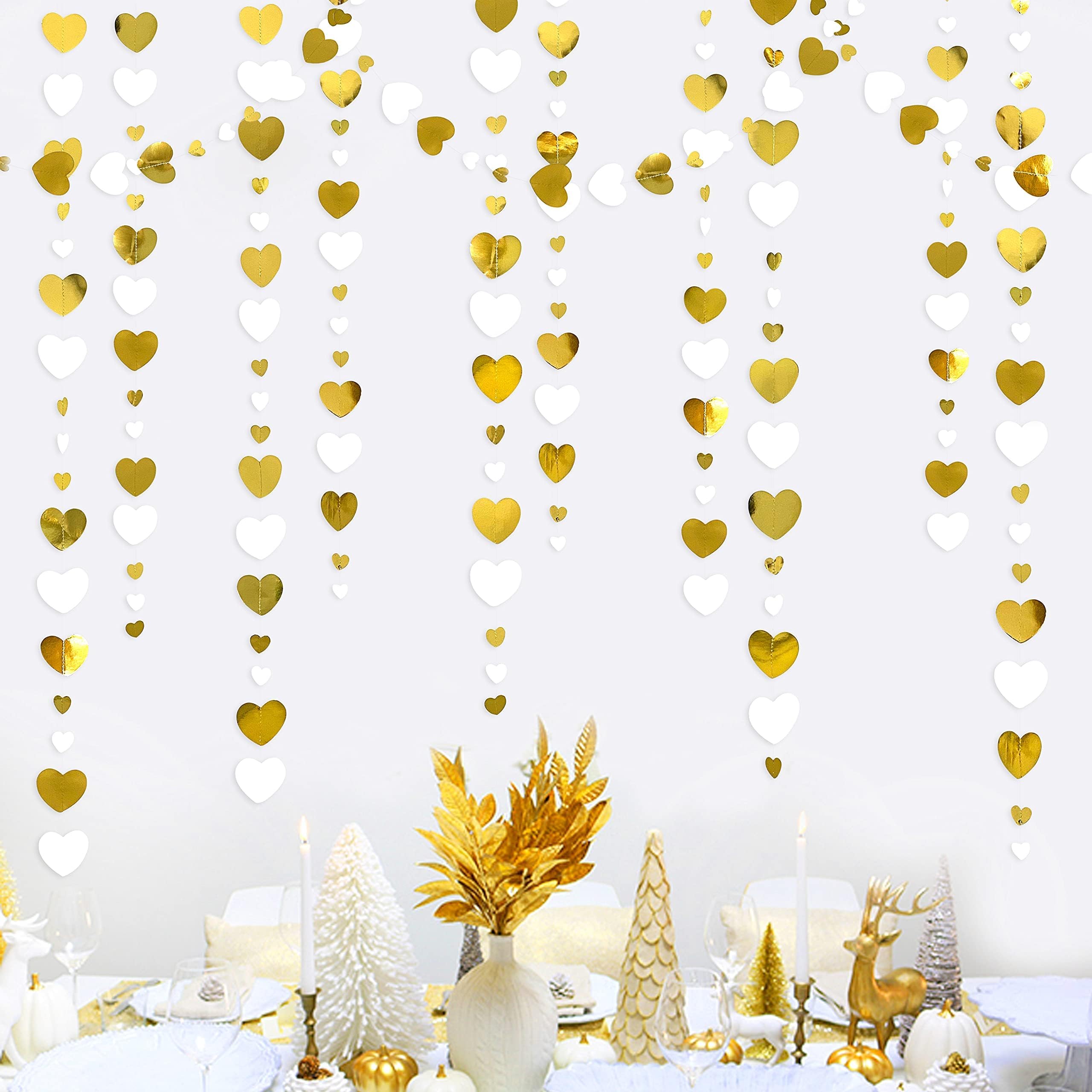 SYOSI Party Streamers, Paper Streamer Banner, 52Ft White Gold Love Heart Garland Hanging Paper Streamer Banner for Anniversary Bachelorette Engagement Wedding Bridal Shower Birthday Party Decorations