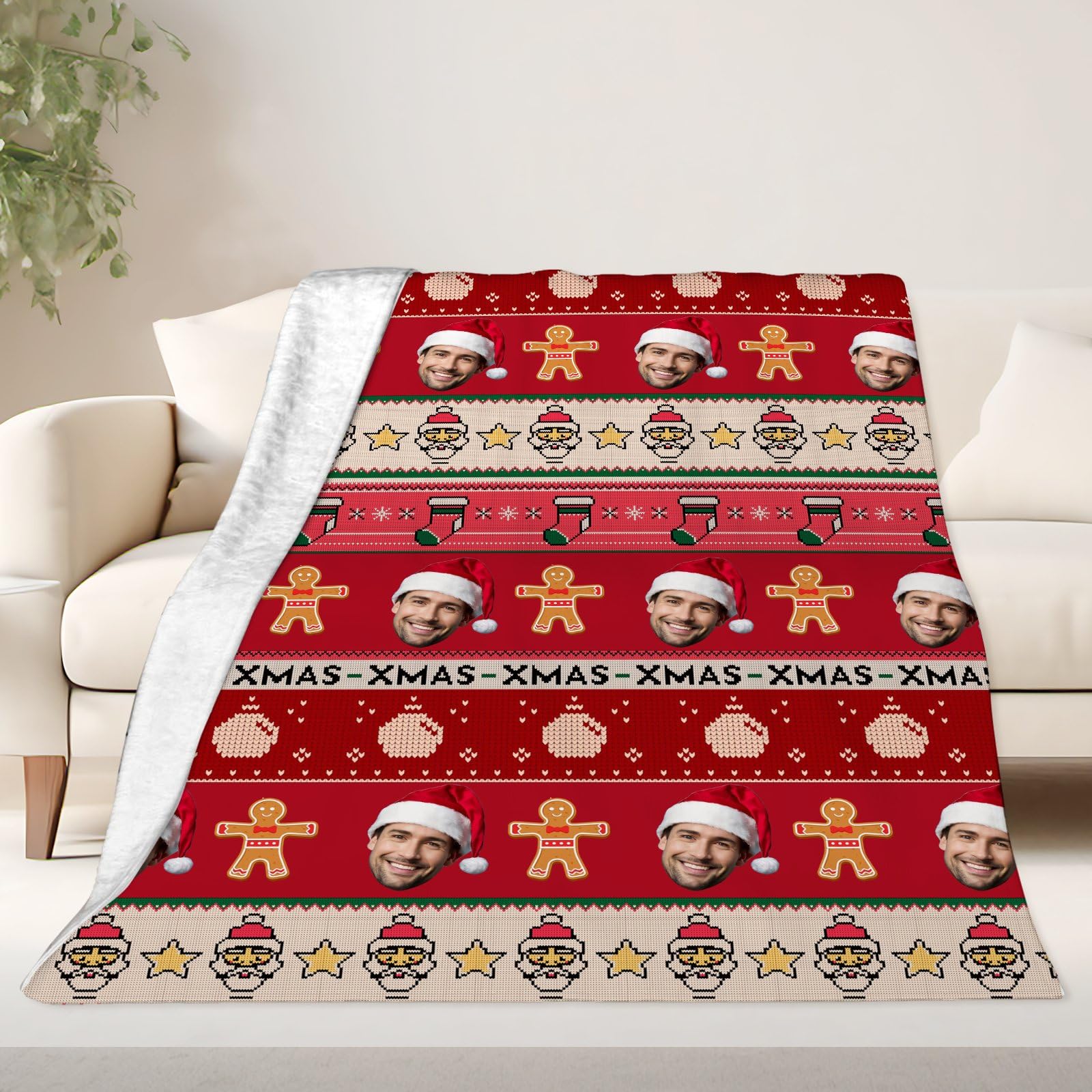 Manta de Navidad personalizada con cara, franela de felpa acogedora personalizada, regalo suave y cálido para novio, novia, mamá, papá, familia, niños