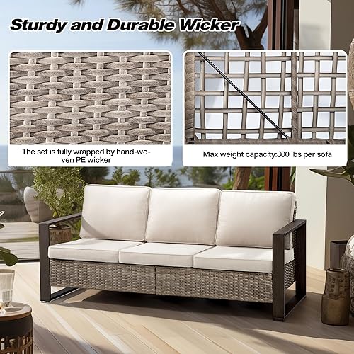 Miniatura 5 de Joyside Sofá de mimbre para patio al aire libre, sofá de ratán de 3 plazas con cojines gruesos de olefina y reposabrazos rectangular con marco de