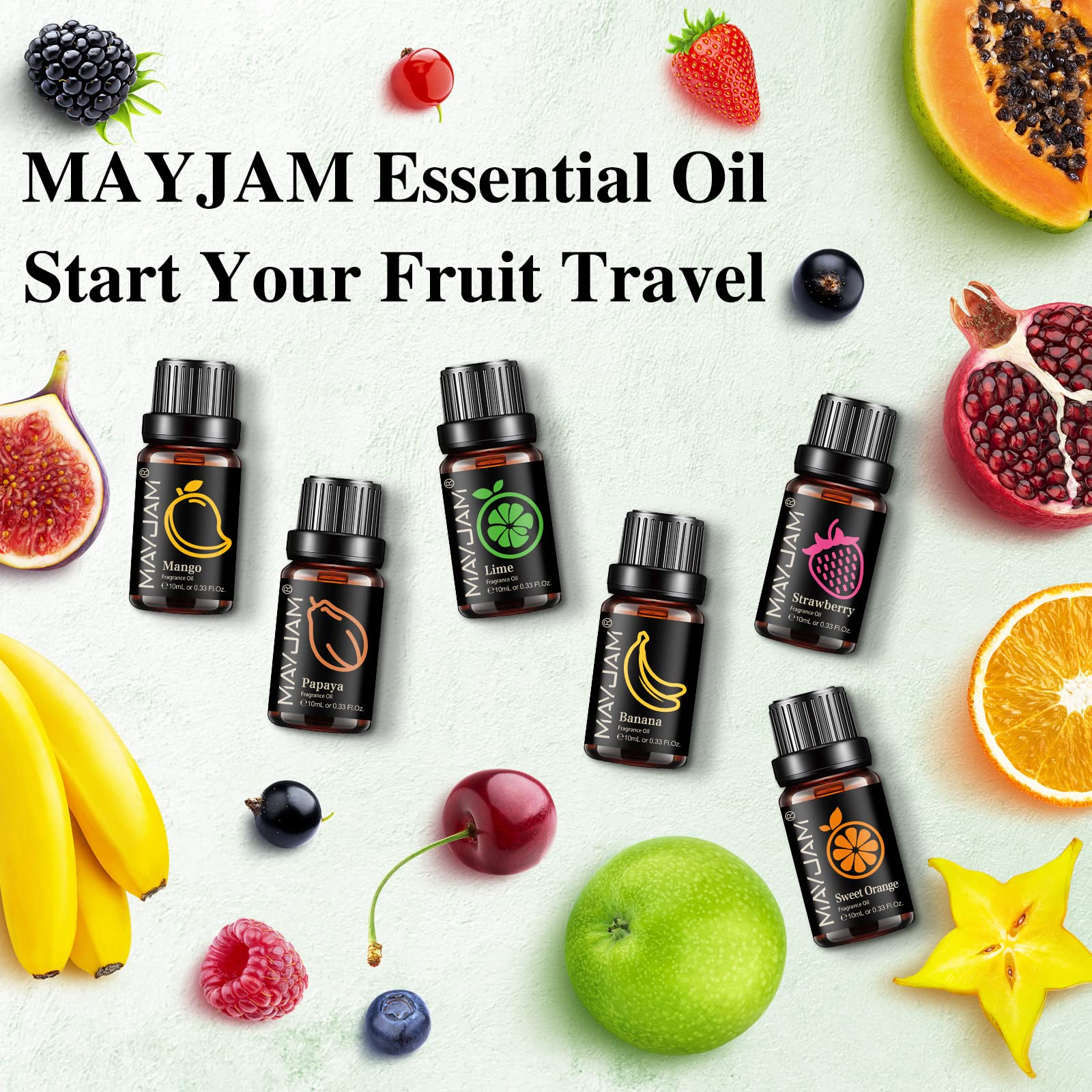 MAYJAM Set Olio Essenziale Di Frutta 8 X 10ml, Olio Essenziale Di Frutta Per Diffusore - Arancia Dolce, Fragola, Mango, Ananas, Papaya, Lime, Banana, Malagua