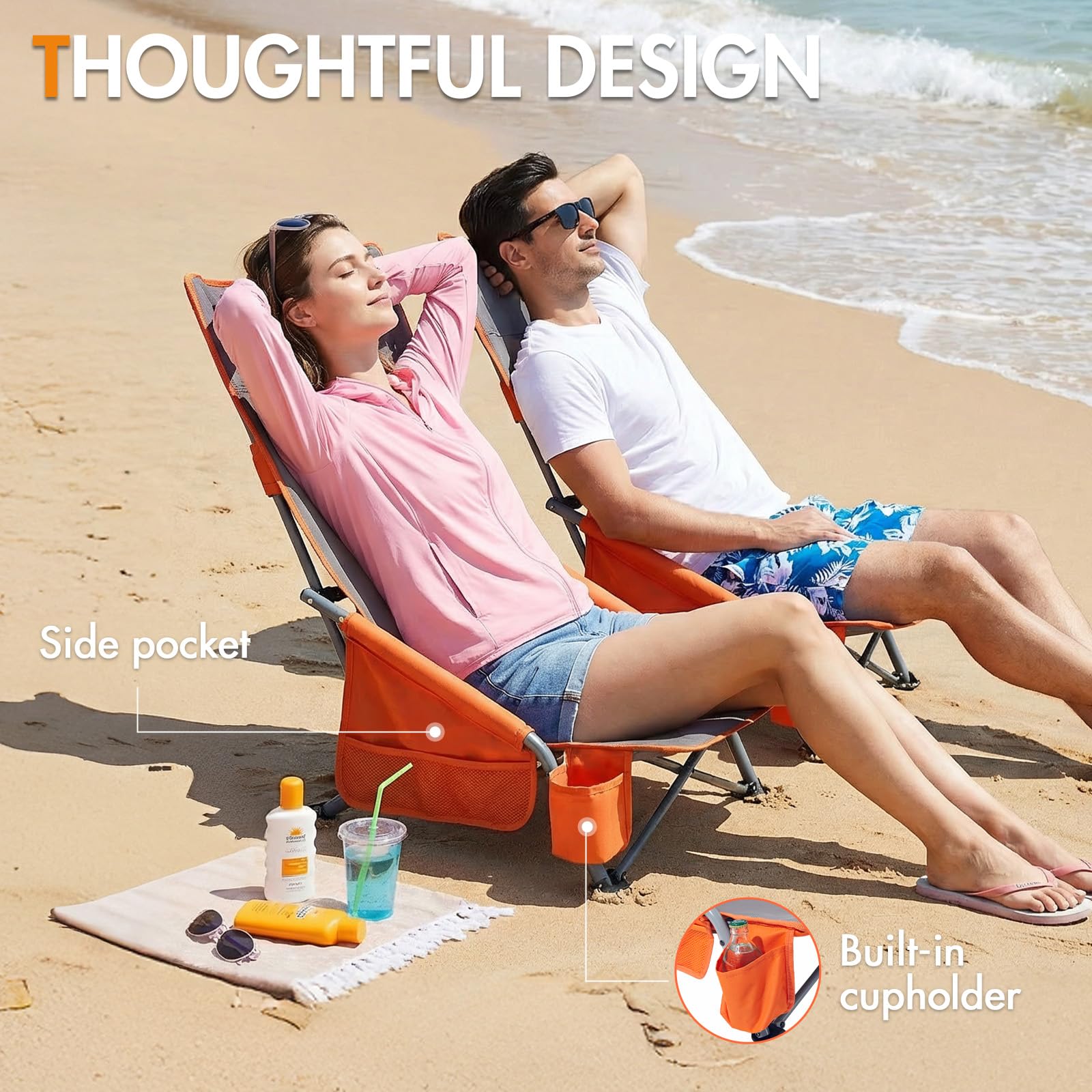 Portal Set di 2 sedie da spiaggia con schienale alto, leggere, basse, portatili per adulti, pieghevoli, per spiaggia, festival, picnic, sedia a sdraio, per esterni, con portabicchieri, rete
