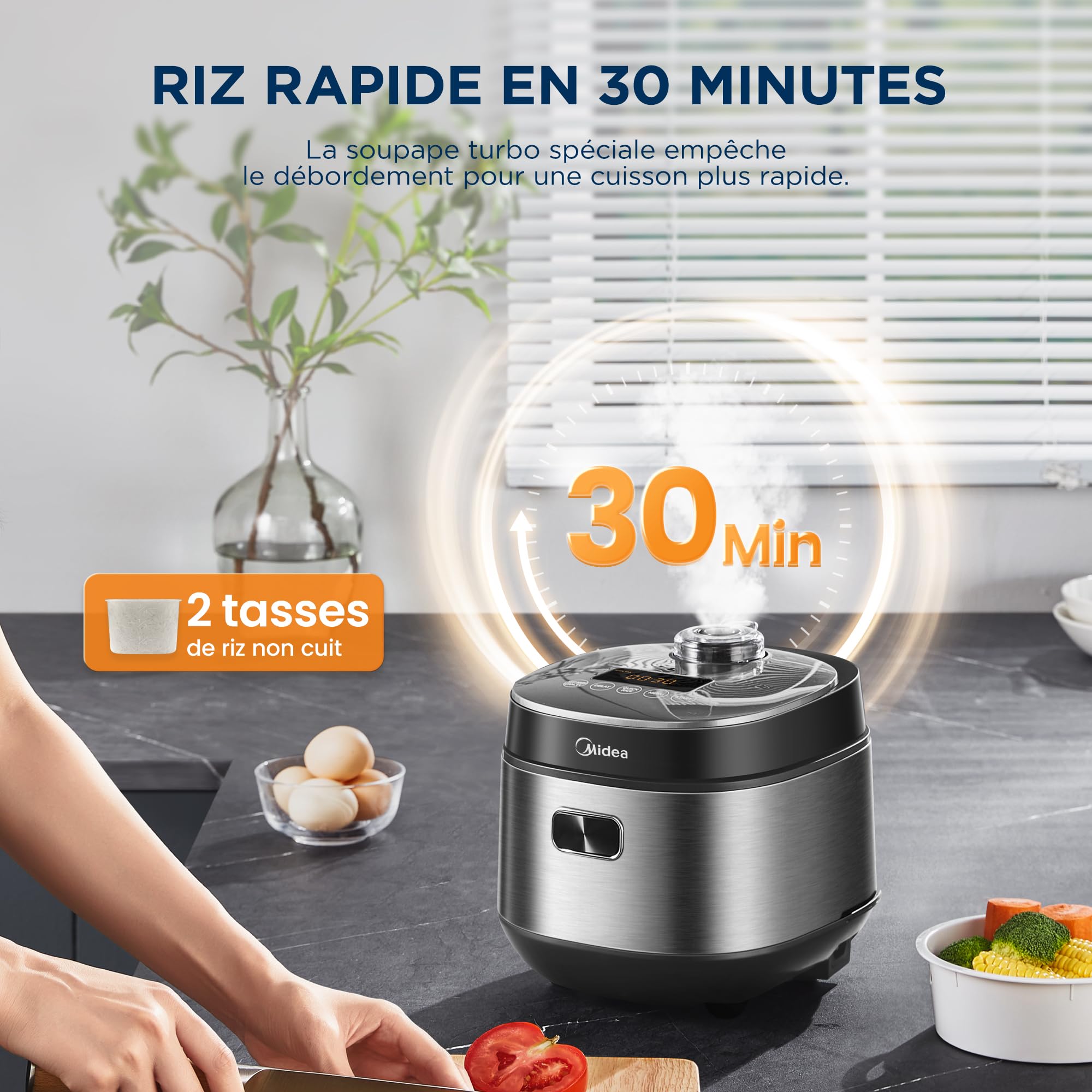 Midea Cuiseur de Riz Multifonction 2L, 9 Programmes, 4 Tasses pour 1-3 Personnes, Chauffage Avancé, Riz Prêt en 30 Min, Antiadhésif, Maintien au Chaud 24h et Minuteur, Panier Vapeur Inclus