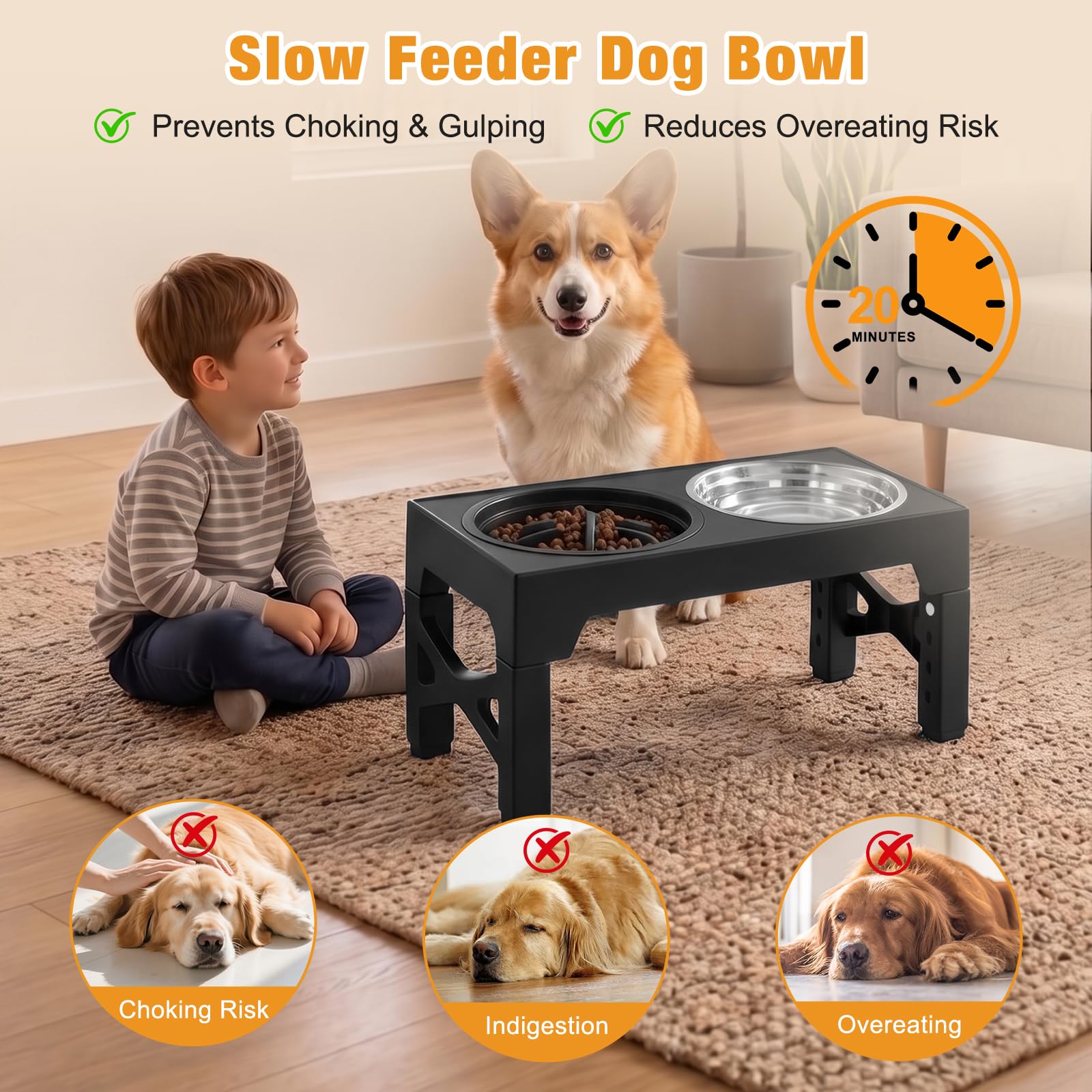 Gamelle surélevée pour chien – 5 niveaux réglables en hauteur – Mangeoire avec 2 bols en acier inoxydable de 1200 ml et 1 gamelle Slow-Feeder, antidérapante, pliable, pour petits et grands chiens