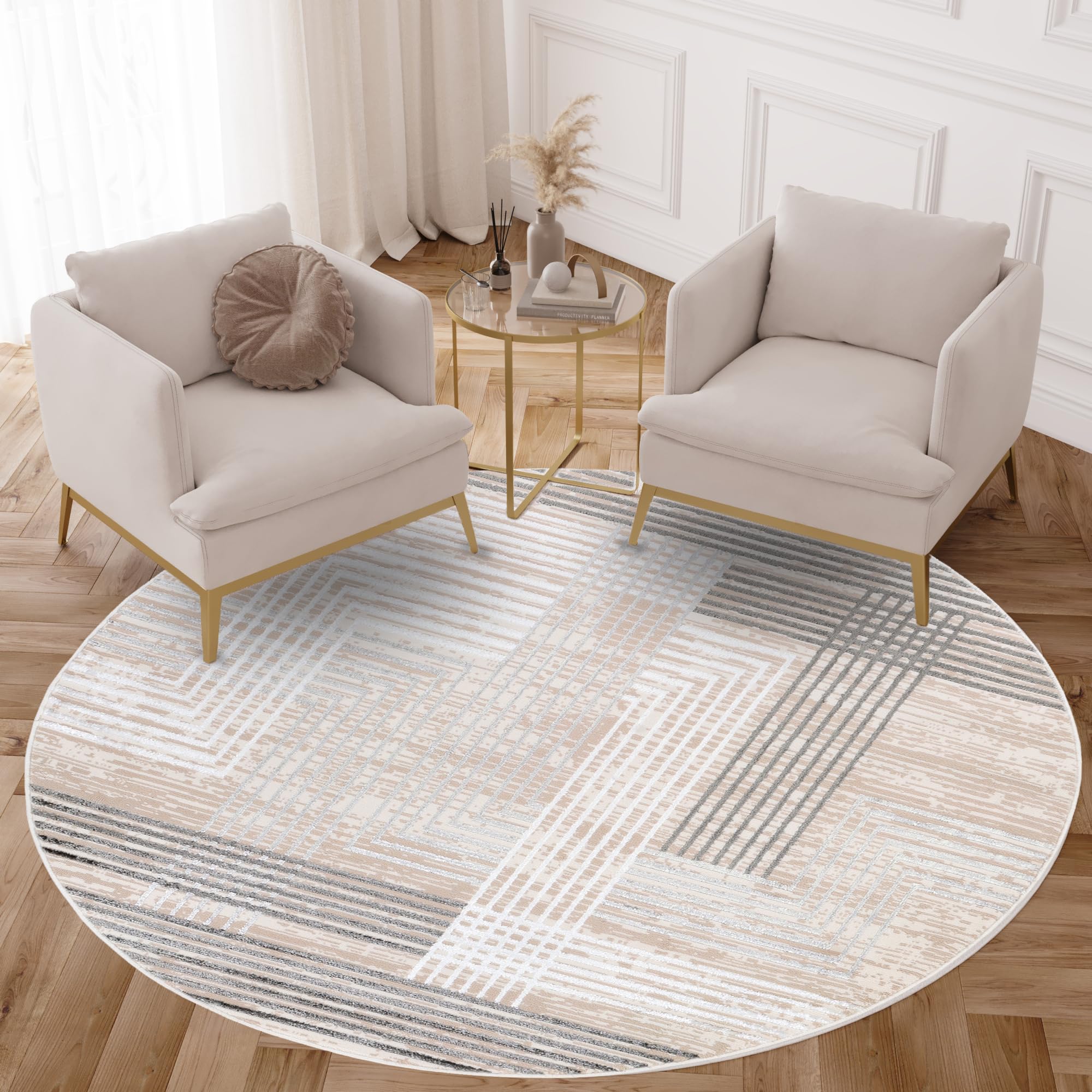 TAPISO Crystal Round Area Rug Short Pile Modern Light Dark Grey Beige Cream Geometric Stripes Lines 3D Effect Living Room Bedroom Durable OEKO-TEX Carpet Size - 120 x 120 cm (3ft11 x 3ft11)