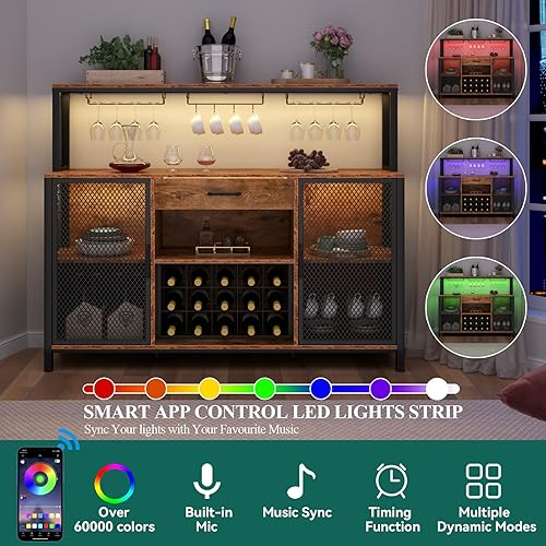 Miniatura 8 de Gyfimoie Gabinete de bar de vino con cajón y luces LED, gabinete de barra de café industrial de 55 pulgadas con estante para vino y soporte para
