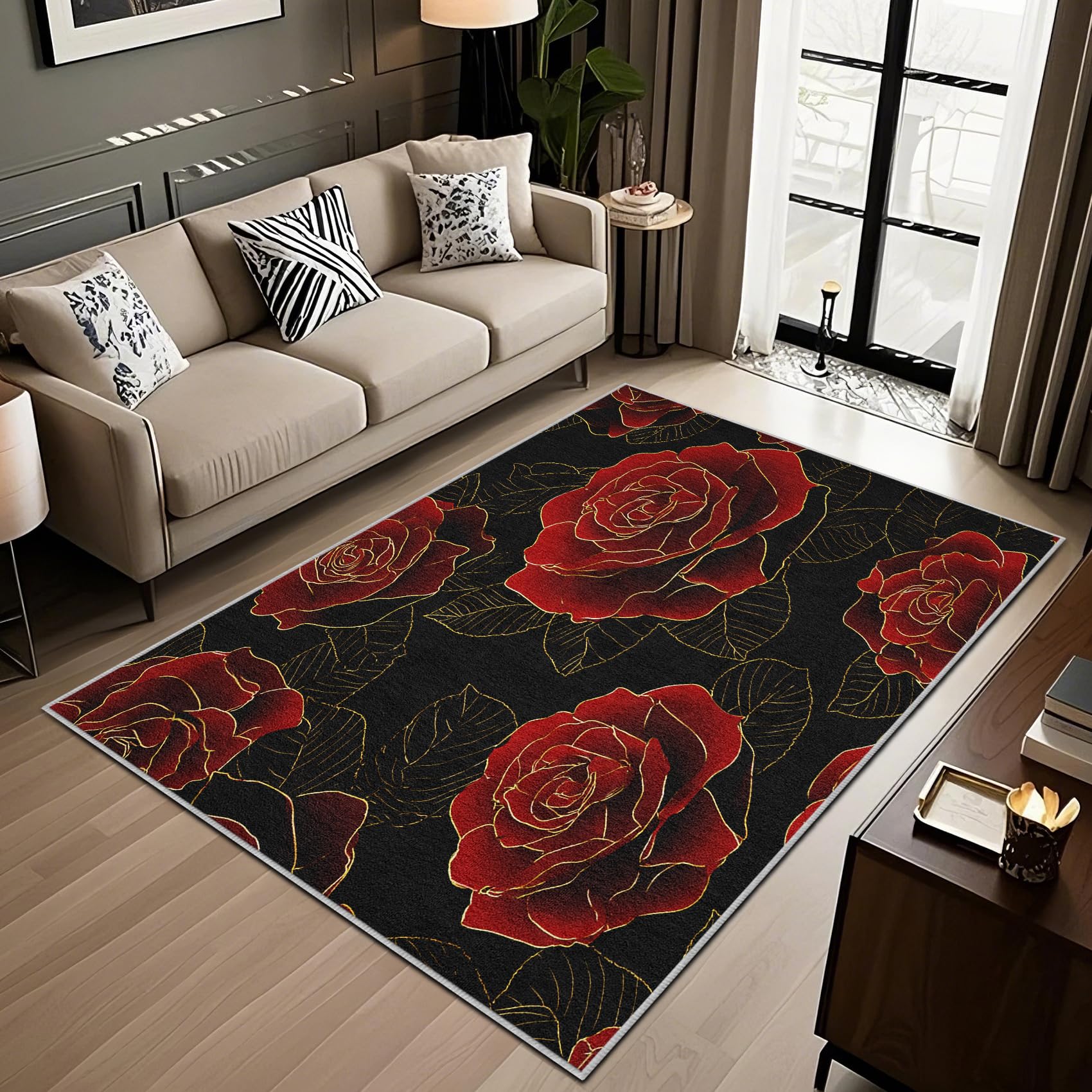 Tapis Salon 200x290 cm Tapis Grand Motif Jardin Vintage Noir