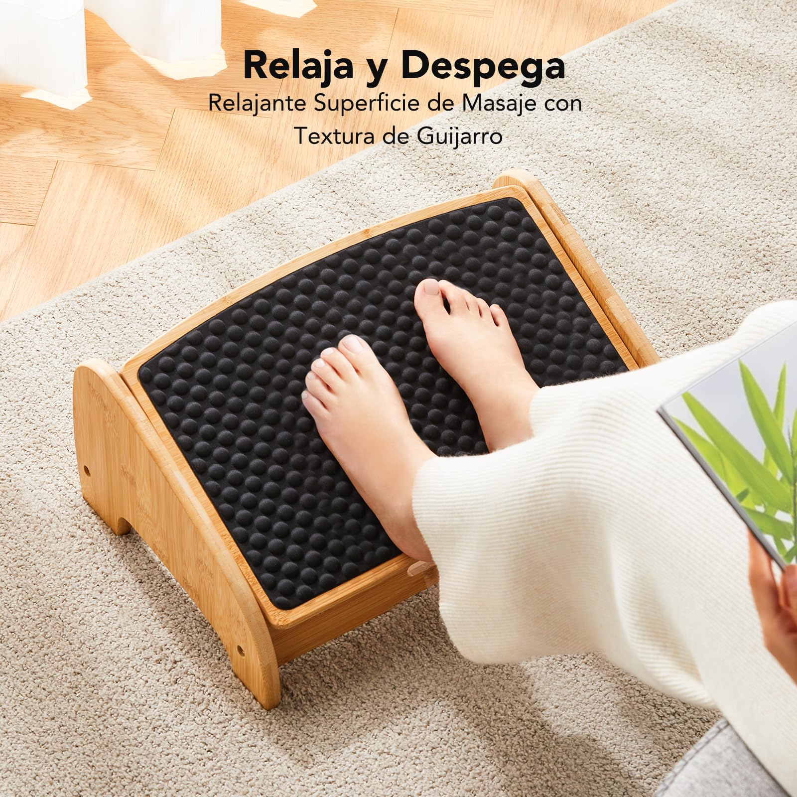 Reposapiés Debajo Escritorio bambú HUANUO, Reposa Pies Ergon con 4 Opc Alt y Áng Adjust, Superf Masaje con Text Guijar, ReposapiésAntidesl debajo Escritor Trabajo para Mejorar Postura, Hogar y Oficina