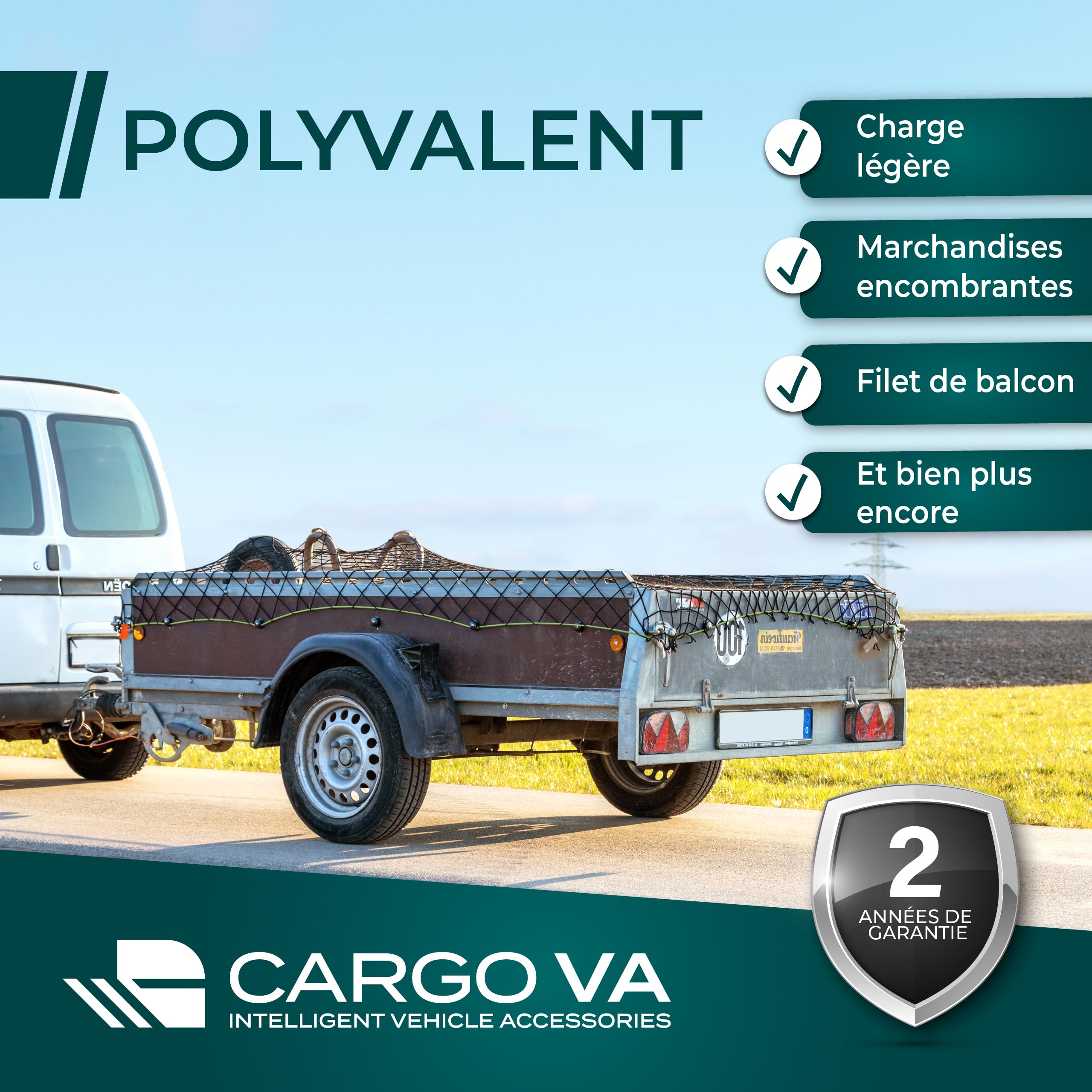 CargoVA - Filet Extensible pour remorque 1x2 jusqu'à 2x3M - Filet élastique Noir avec Corde élastique, 8 Crochets et marquage des Coins - pour Une Fixation Parfaite de la Charge