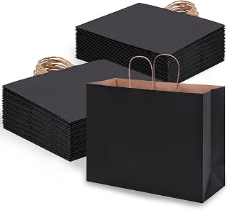 OUTUXED 손잡이가 달린 40.6 x 15.2 x 30.5cm(16 x 6 x 12인치) 블랙 종이 가방, 비즈니스, 상품, 선물, 쇼핑, 식료품, 파티 선물용 크래프트 대형 종이 선물 가방 벌크 200개