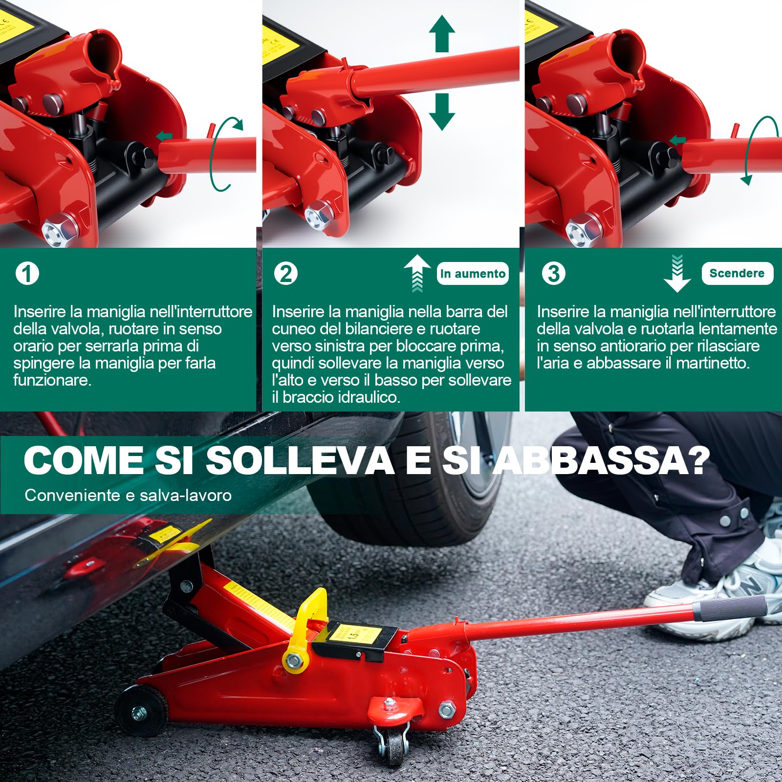 HYCHIKA Cric da corsa in acciaio, con pompa di sollevamento rapido a pistone idraulico, capacità di 1.5 tonnellate