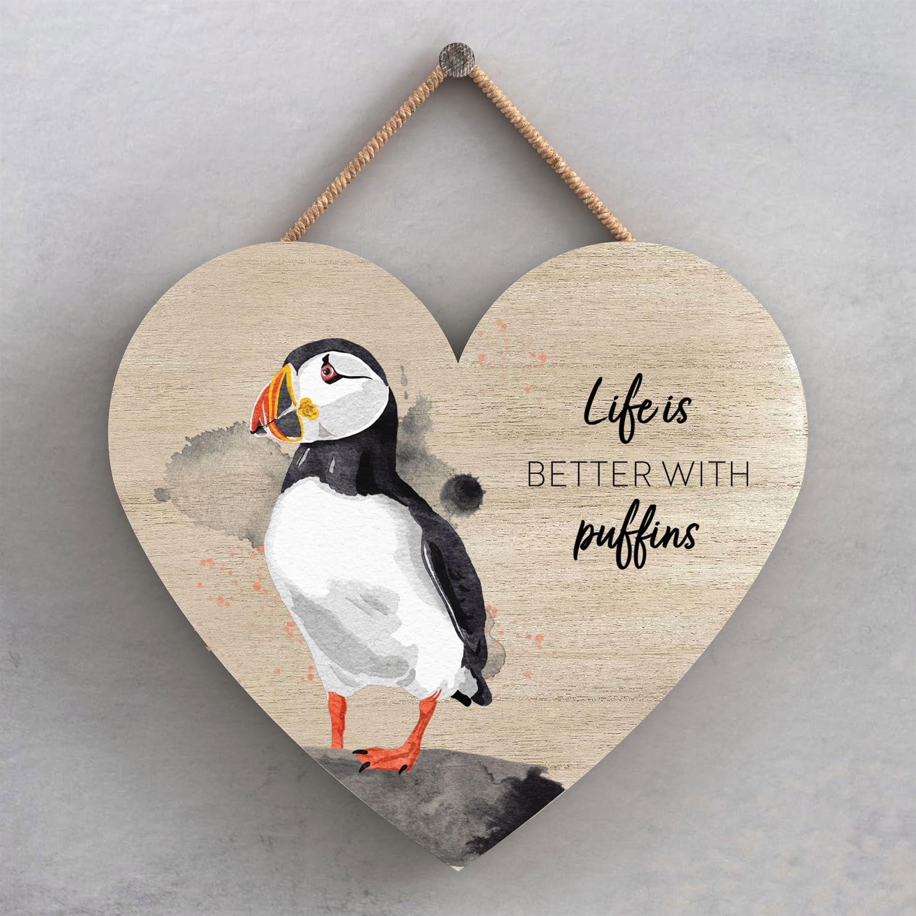 Global Designs Life Is Better with Puffins Watercolour Artwork Decorative Wooden Heart Plaque Wall Art