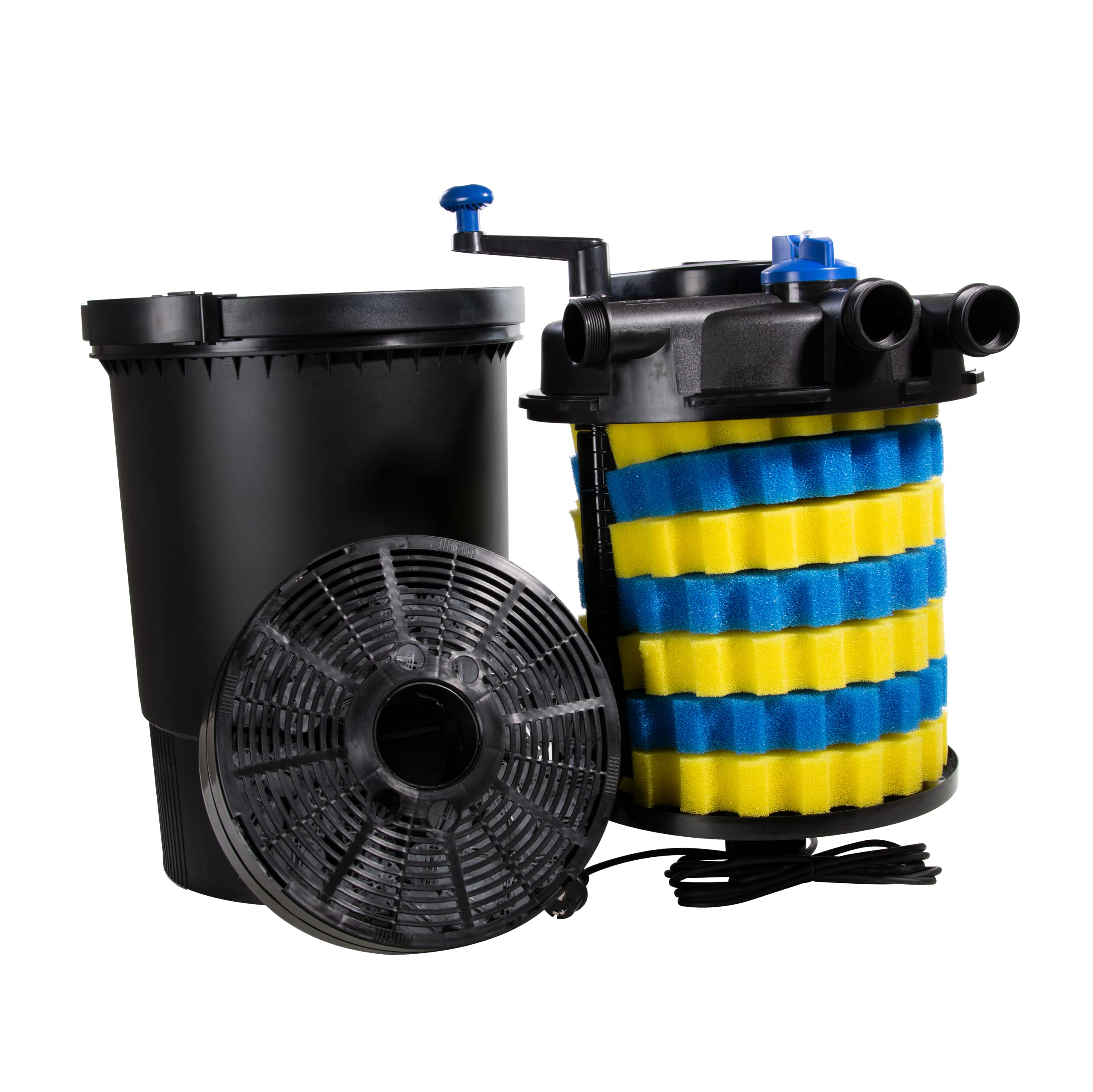 AquaForte GPF-30000 (55 W) filtr ciśnieniowy, moc 55 W, napięcie 230 V, częstotliwość 50 Hz, wlot/wylot 32/38 mm, zalecana ilość przepływu 12 000 l/h, odpowiedni do stawów ozdobnych do 60 000 litrów
