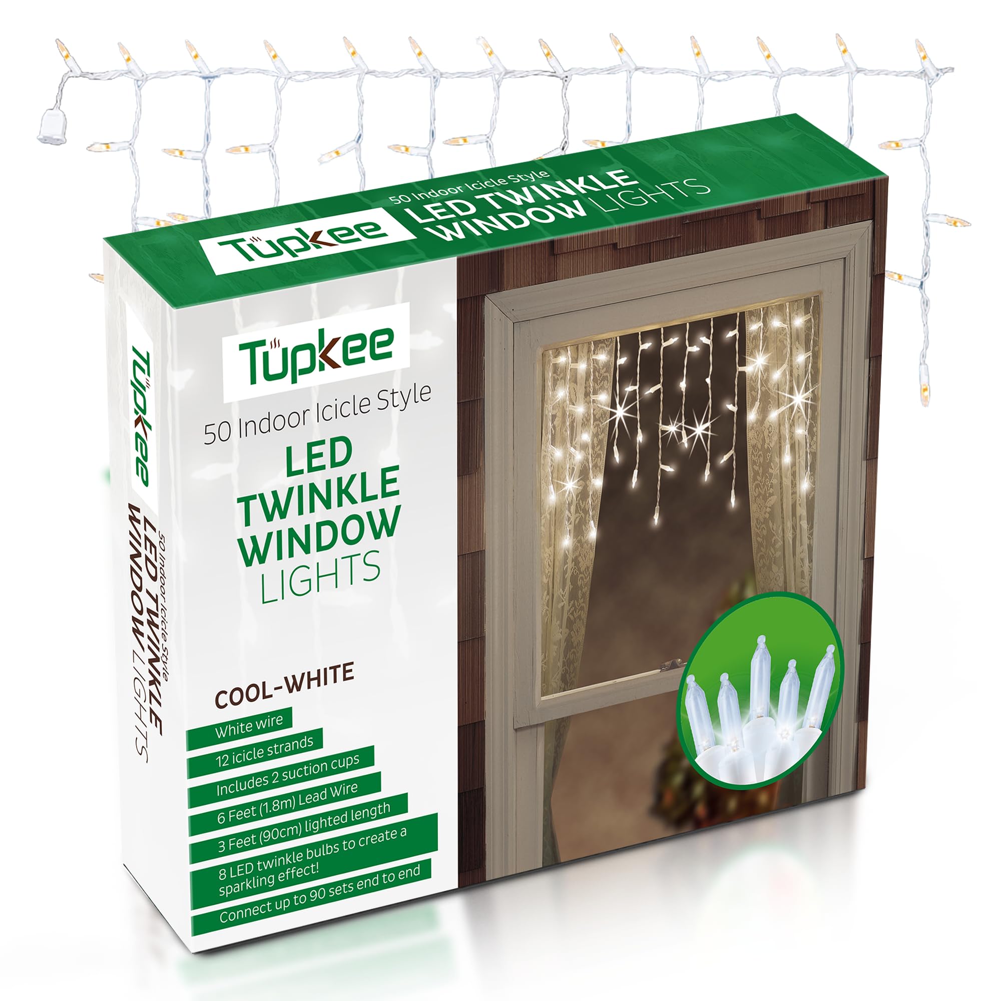 Christmas LED Twinkle Window Icicle Lights - 3 Feet (0.91 m) - 8 of 50 Bulbs Twinkle Random - 50 LED Cool White Bulbs - Indoor Outdoor - Twinkling Icicle Christmas Lights