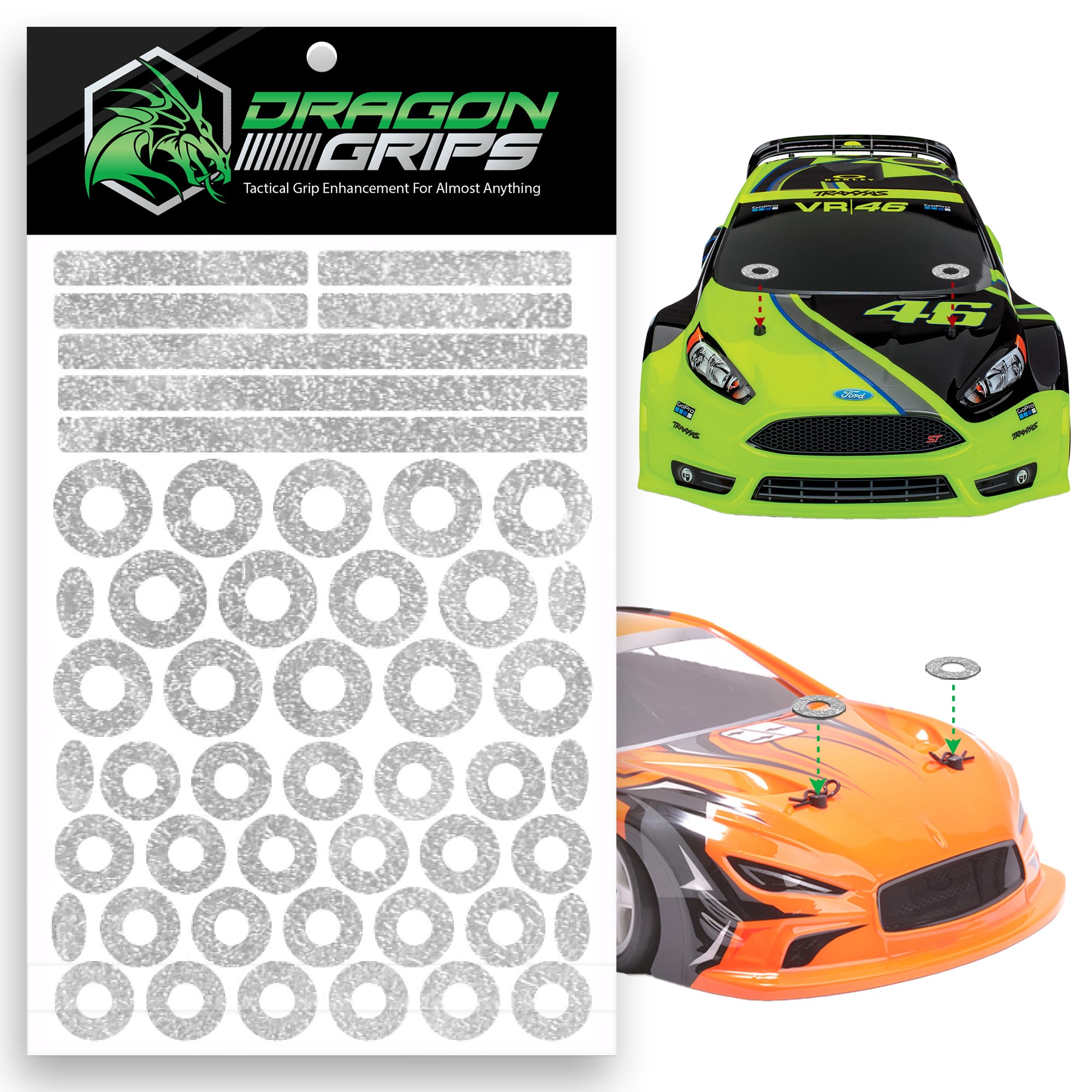 RC Body Clip Hole Protectors, 49pc Clear PVC Stickers for 1/10 RC Crawler Body Shells, Stick-on Accessories That Prevent Clip Hole Damage and Cracking