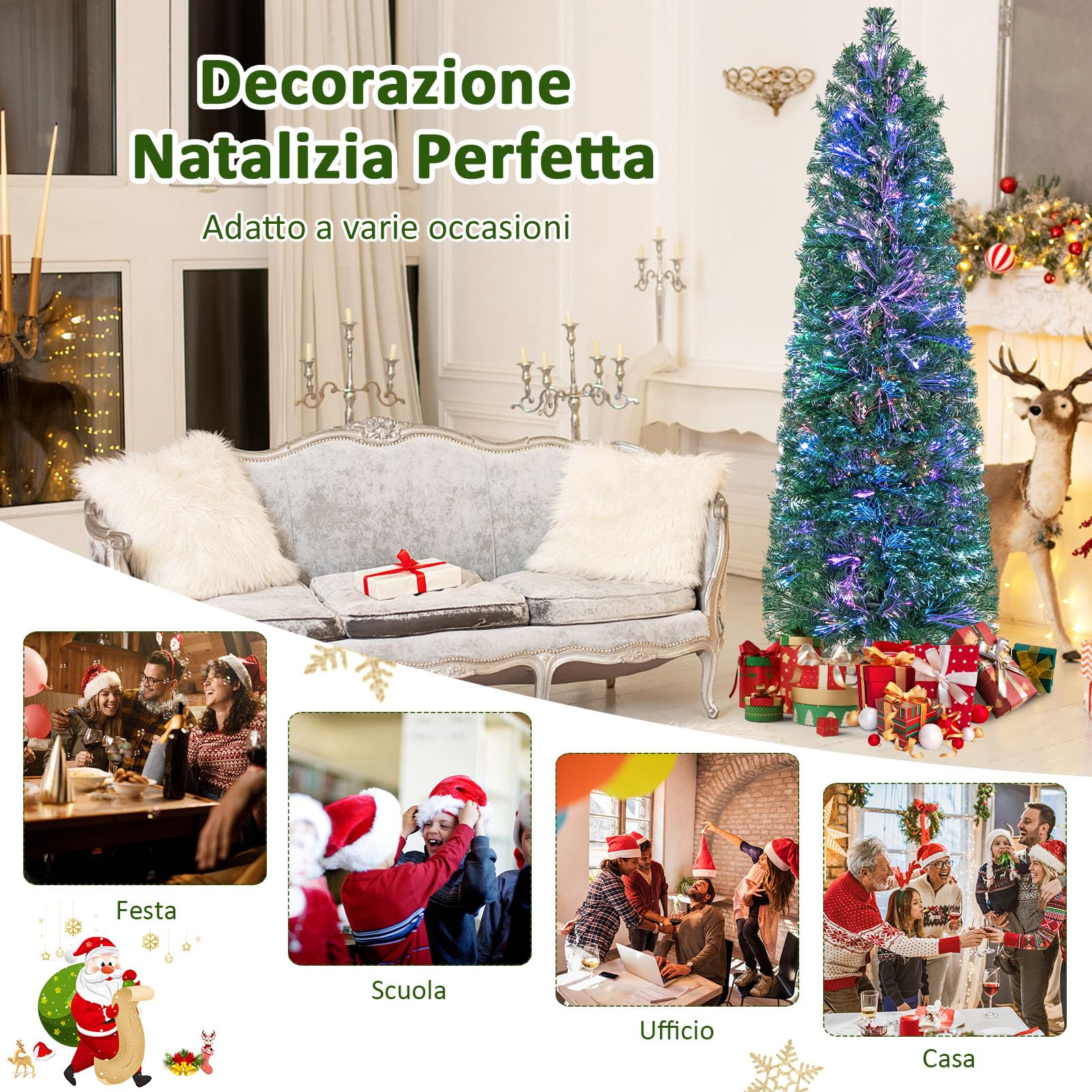 RELAX4LIFE Albero di Natale Artificiale Slim 180cm con Fibre Ottiche, Effetto Realistico e Luci Colorate,Base Pieghevole in Ferro