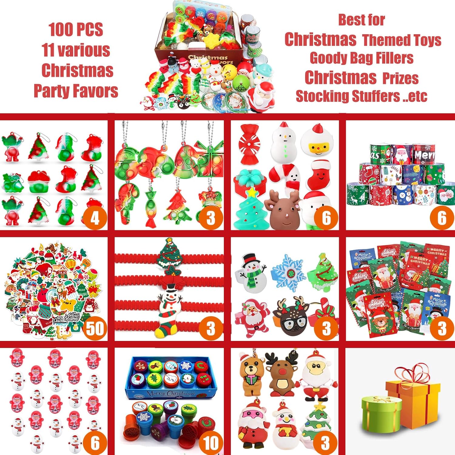 MSOOIIO 100PCS Premium Christmas Party Favors for Kids 3-10,Assortment Toys Bulk Stocking Stuffers, Pinata Stuffers with Fidget Toys & Pop Its, Carnival Prizes Goodie Bag Fillers Toys