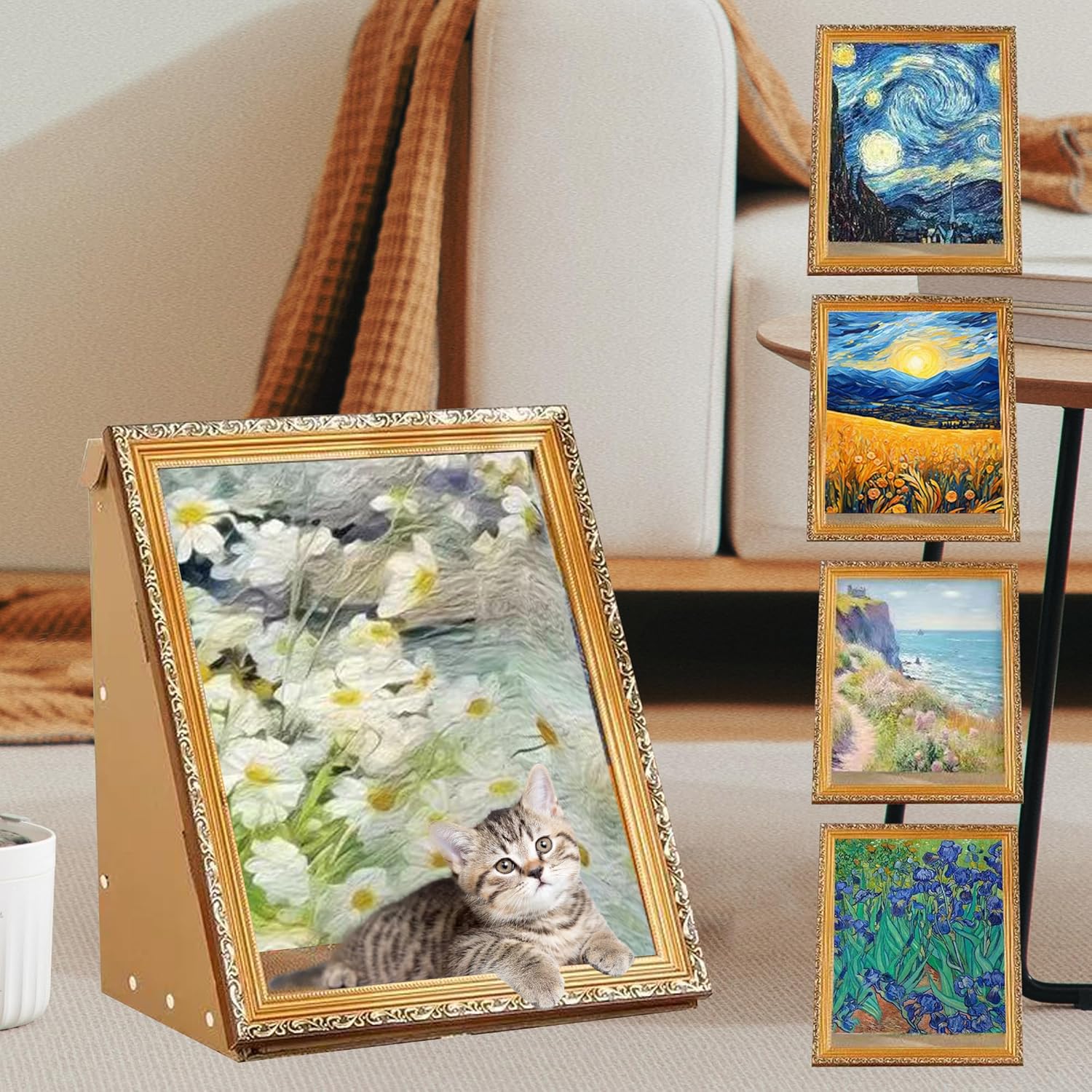 Art 3D Oil Painting Cat Nest for Artist Kitten Art Frame Cat Bed with Scratching Board Cat Scratch Pad for All Seasons Indoor Cat Toy House (Iris, Vintage Frame)