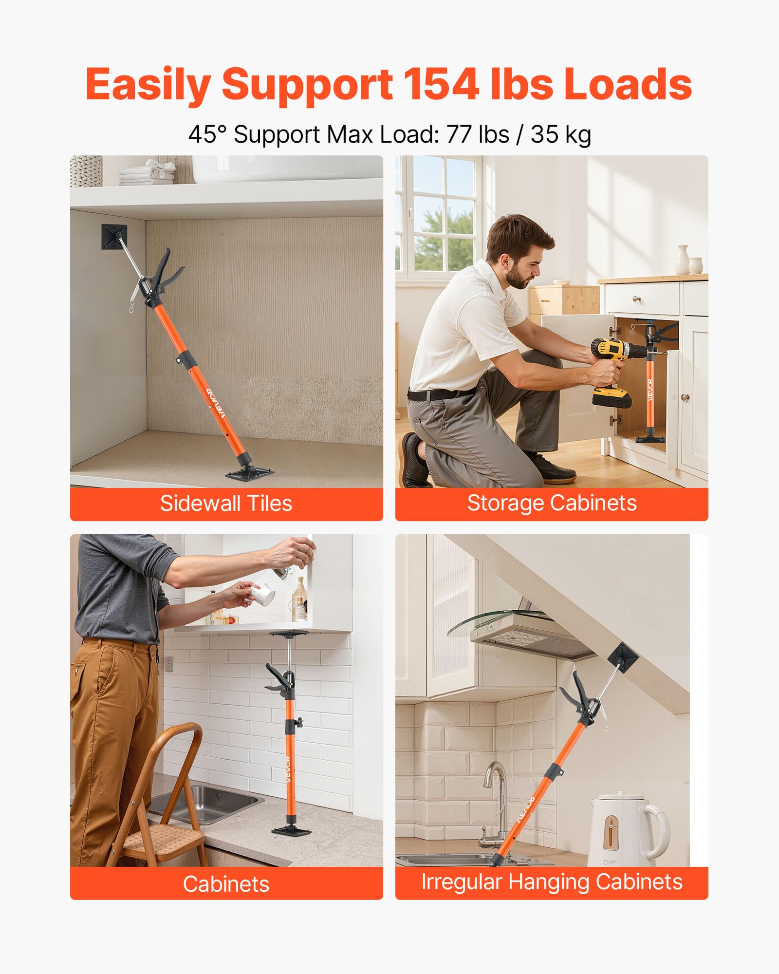 VEVOR Asta di Supporto, Confezione da 2, Telescopica Rapida in Acciaio da 53-115 cm, Sistema Regolabile a 3 Mani, Capacità Fino a 70 kg, per Martinetto per Armadietti, Barre di Carico