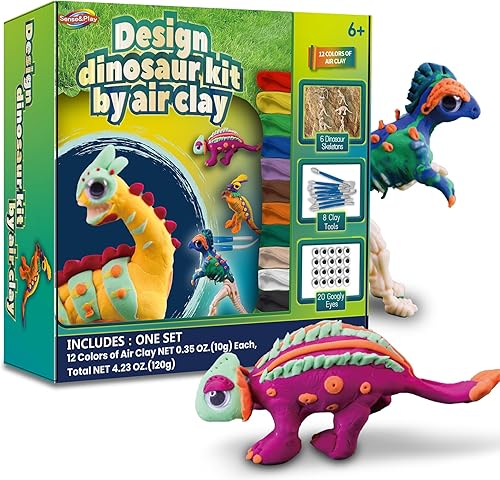 Sense&Play Kit de manualidades de dinosaurio de arcilla seca al aire para niños, crea con 6 esqueletos de dinosaurio, juguete educativo STEM - Juego