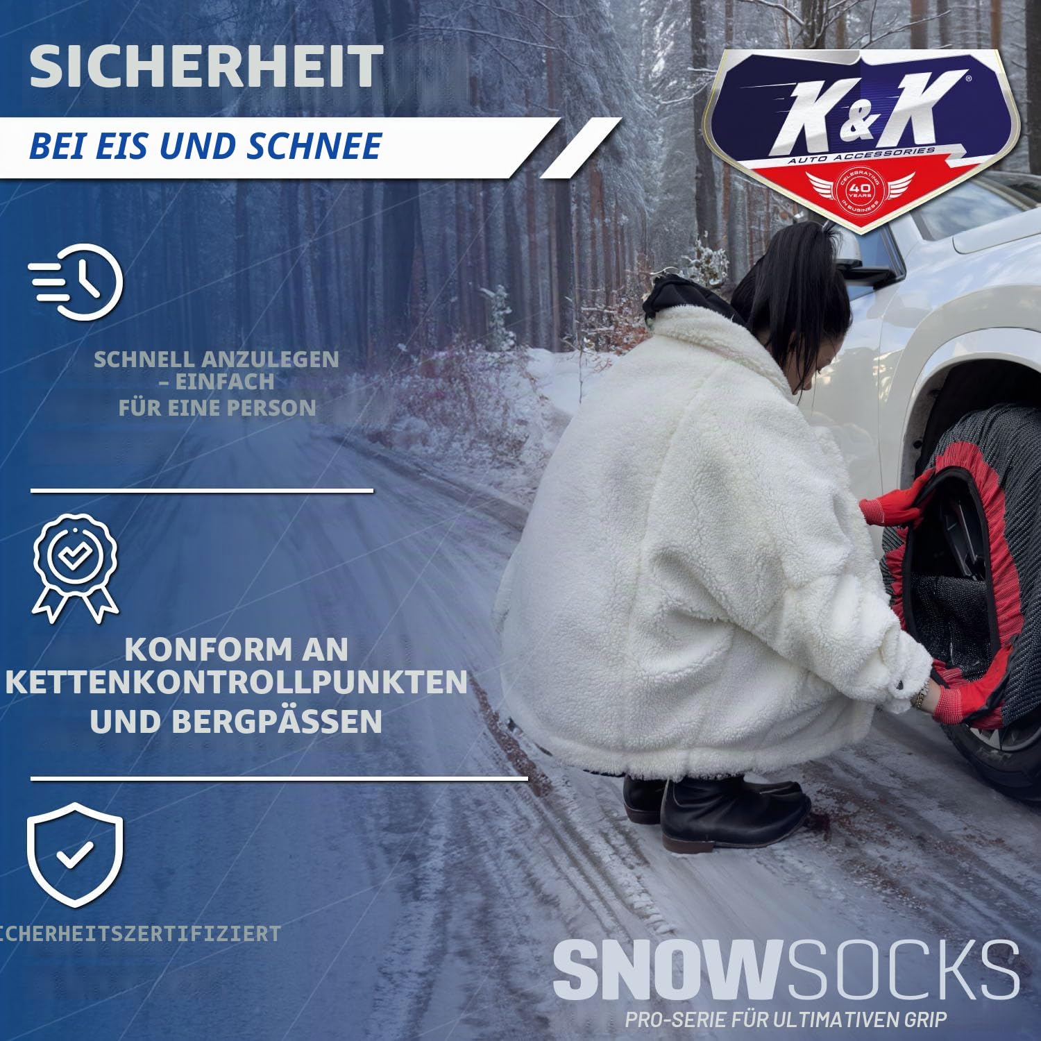 KNK Boutique Auto-Schneesocken für Reifen – Pro-Serie für ultimativen Grip, Alternative zur Reifen-Schneekette – Schneetraktionsgerät, Winter-Notfallzubehör (groß)