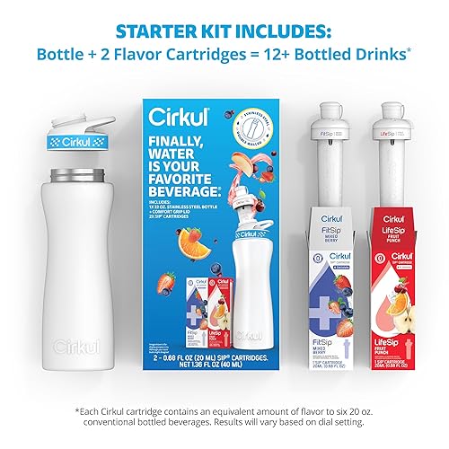 Miniatura 3 de Cirkul Kit de inicio de botella de agua de acero inoxidable blanco de 22 onzas con tapa azul, 2 cartuchos de sabor (1 ponche de frutas LifeSip y 1