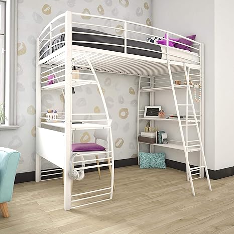 Amazon Com Dhp Studio Loft Bunk Bed Over Desk And Bookcase With Metal Frame Twin White Furniture Decor Bunk Bed With Desk And Bookshelf
