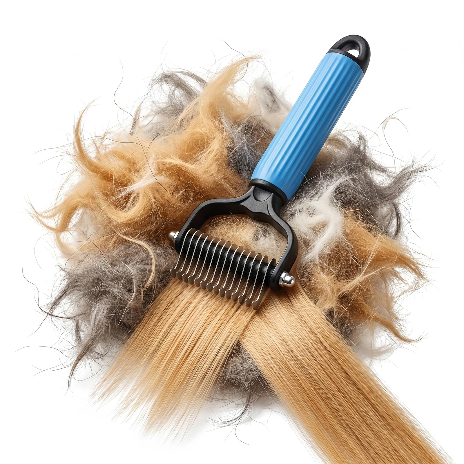 Pet Pro Grooming Tool for Dogs & Cats Dual-Sided Deshedding Brush and Dematting Rake Undercoat Grooming Comb for Long Haired Pets Stainless Steel Pet Hair Removal Brush (Blue,M)