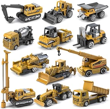 12 Pack Diecast Construction Vehicle Toys for Kids, Mini Alloy Engineering Truck Includes Digger, Tractor for Cake Toppers, Toddler Car Toy,Model Birthday Christmas Party Gifts for Boys Girls,Yellow