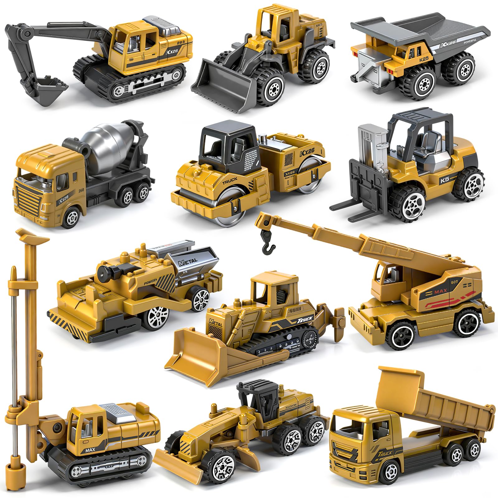 12 Pack Diecast Construction Vehicle Toys for Kids Mini Alloy Engineering Truck Includes Digger