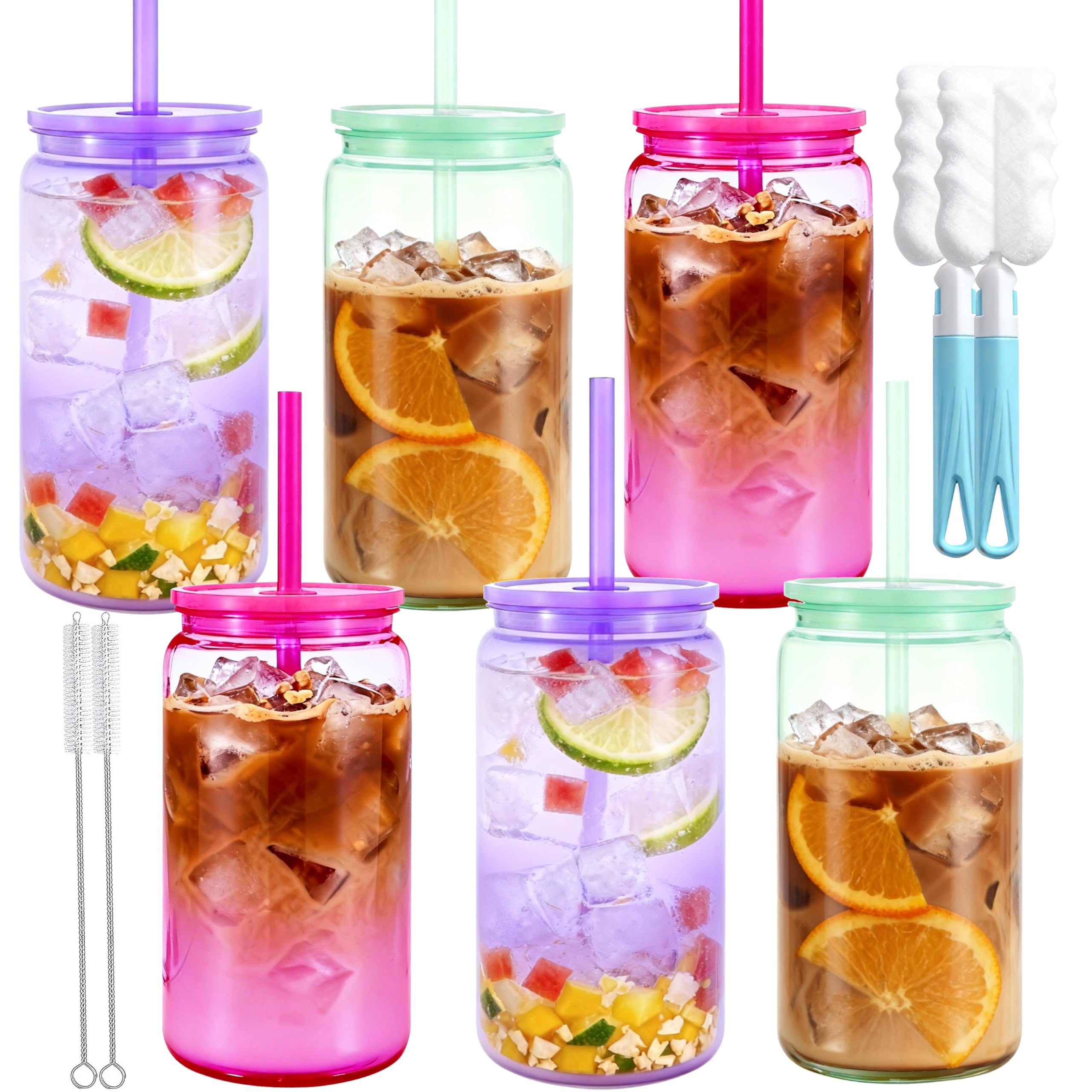 CuppaLifes 500ml Plastic Mason Jars with Lids and Straws, Leak-Proof Reusable Tumblers for Iced Coffee, Cocktails, Smoothies, Juice, Beer, Cold Drinks, 6 Pack (6, Light)