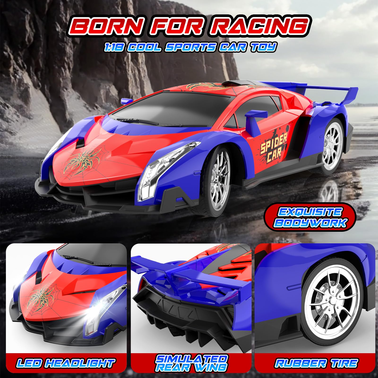 Macchina Telecomandata per Bambini 3 4 5 6 7 8 9+ Anni, 2.4Ghz Macchina Radiocomandata 15KM/h Veloci Auto RC Drift Car con Luci Spider Giocattolo Giochi Interno All'Aperto Regalo Bambino Maschio