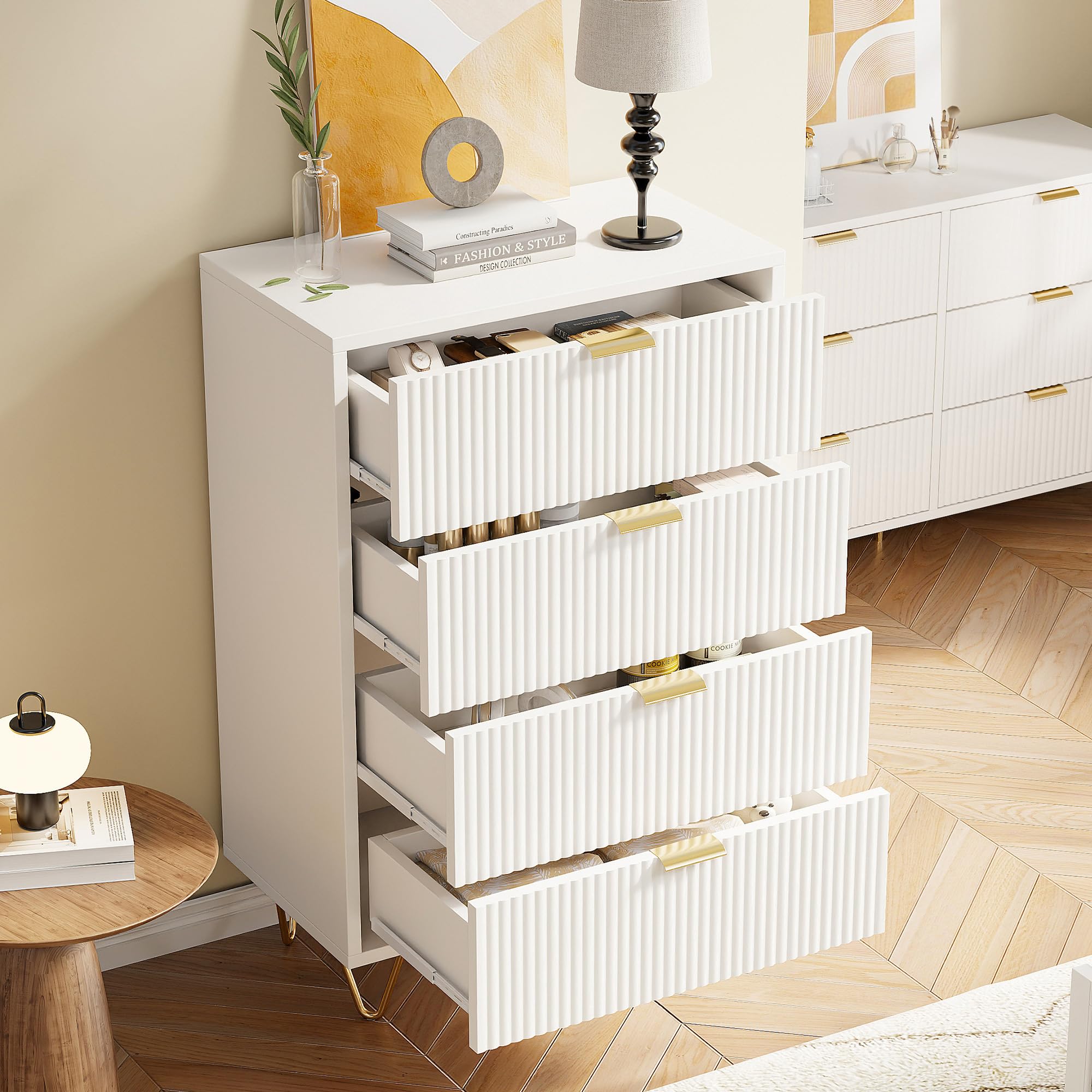 Commode 4 Tiroirs 60cm, Commode pour Chambre à Coucher, Enfant, Salon ou Couloir, Moderne Tiroirs Meuble de Rangement, 60x34x91 cm, Blanc (4 Tiroirs Blanc)