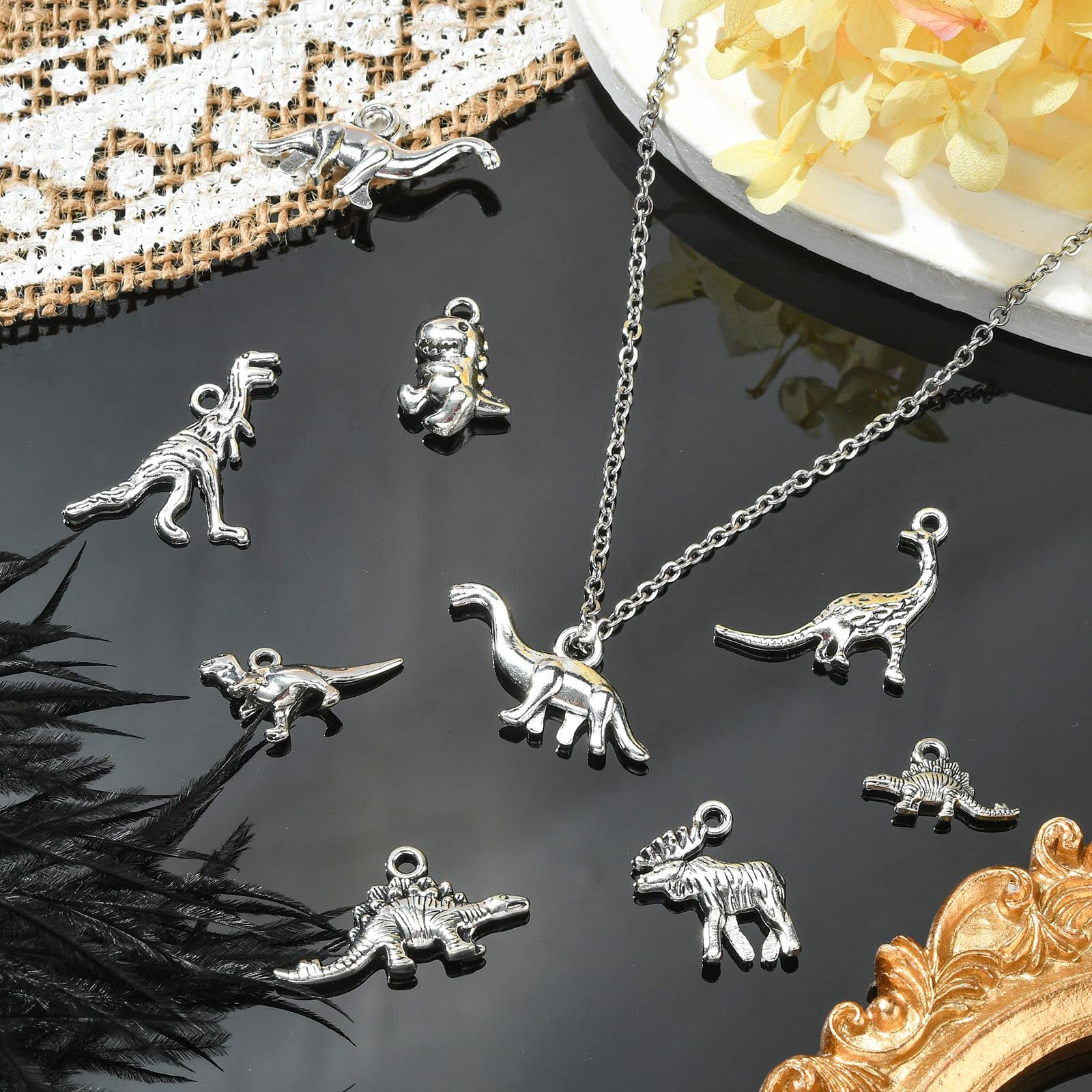 UR URLIFEHALL 80 Pcs 8 Styles Antique Silver Dinosaur Charm Vintage Animal Charms for DIY Craft Necklace Bracelet Keychain Jewellery Making - Image 4