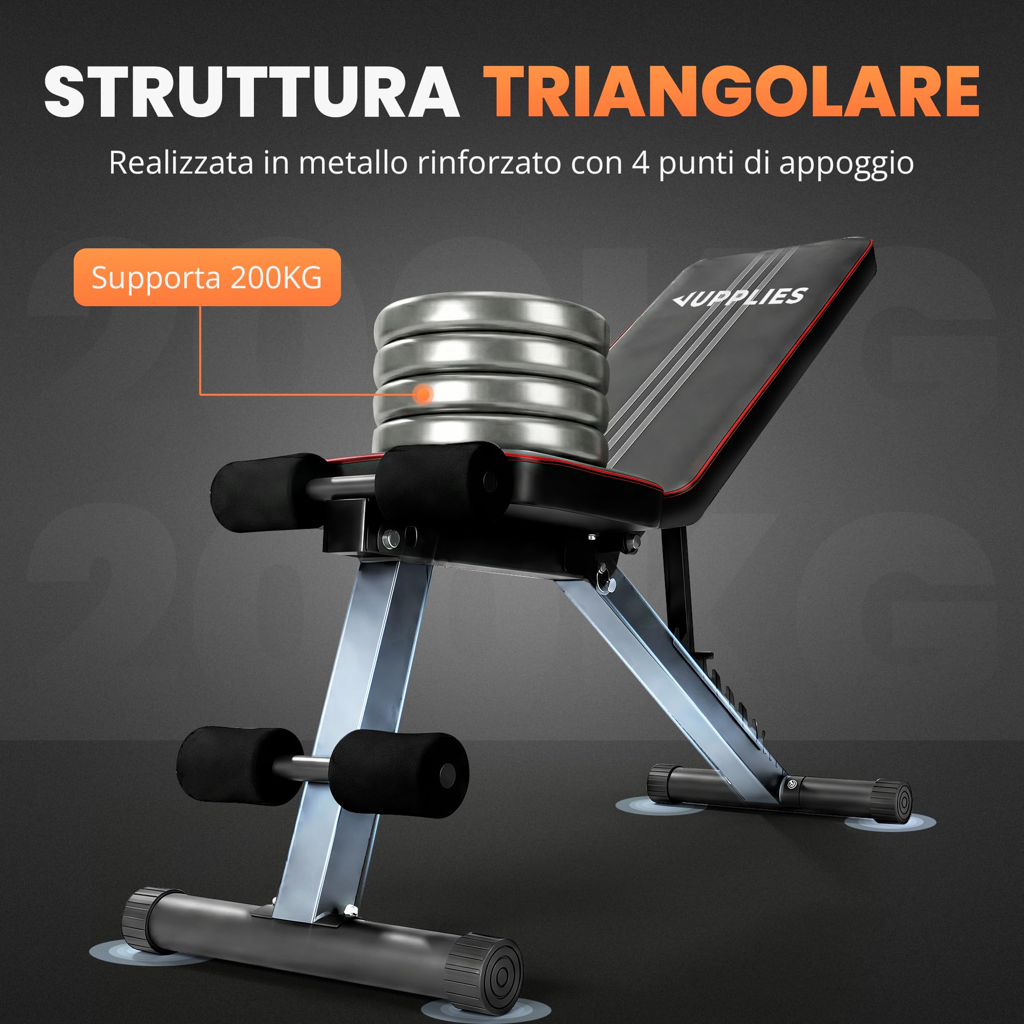 JUPPLIES Panca Pesi Pieghevole Multifunzionale 7 Posizioni | Inclinabile fino a 90° | Capacità 250kg | 2 Bande di Resistenza Incluse | Panca Palestra Casa