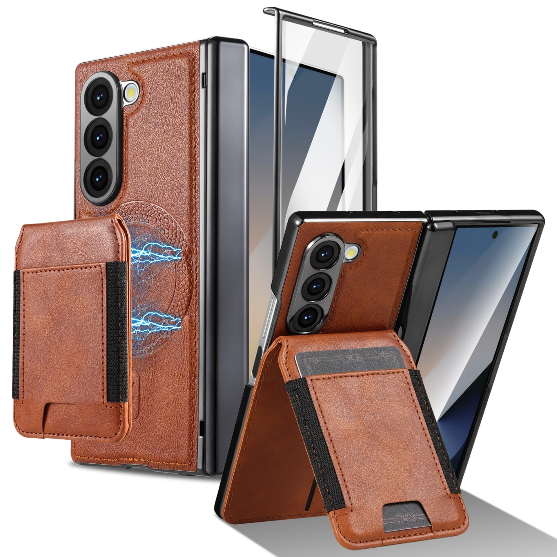 Funda para Samsung Galaxy Z Fold 6,360 Grados Antigolpes Cuero Genuino Case con Protector Vidrio Templado Integrado y magnético Soporte Monedero Carcasa para Samsung Z Fold6,Brown