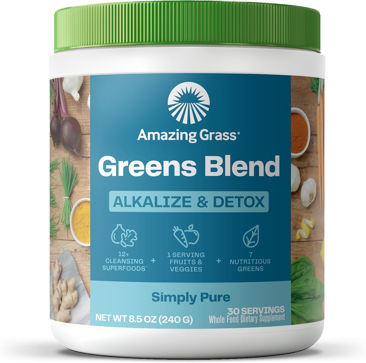 Amazing Grass Greens Blend Alkalize & Detox: Smoothie Mix, Cleanse with Super Greens & Beet Root Powder, Digestive Enzymes, Prebiotics & Probiotics, 30 Servings (Packaging May Vary)