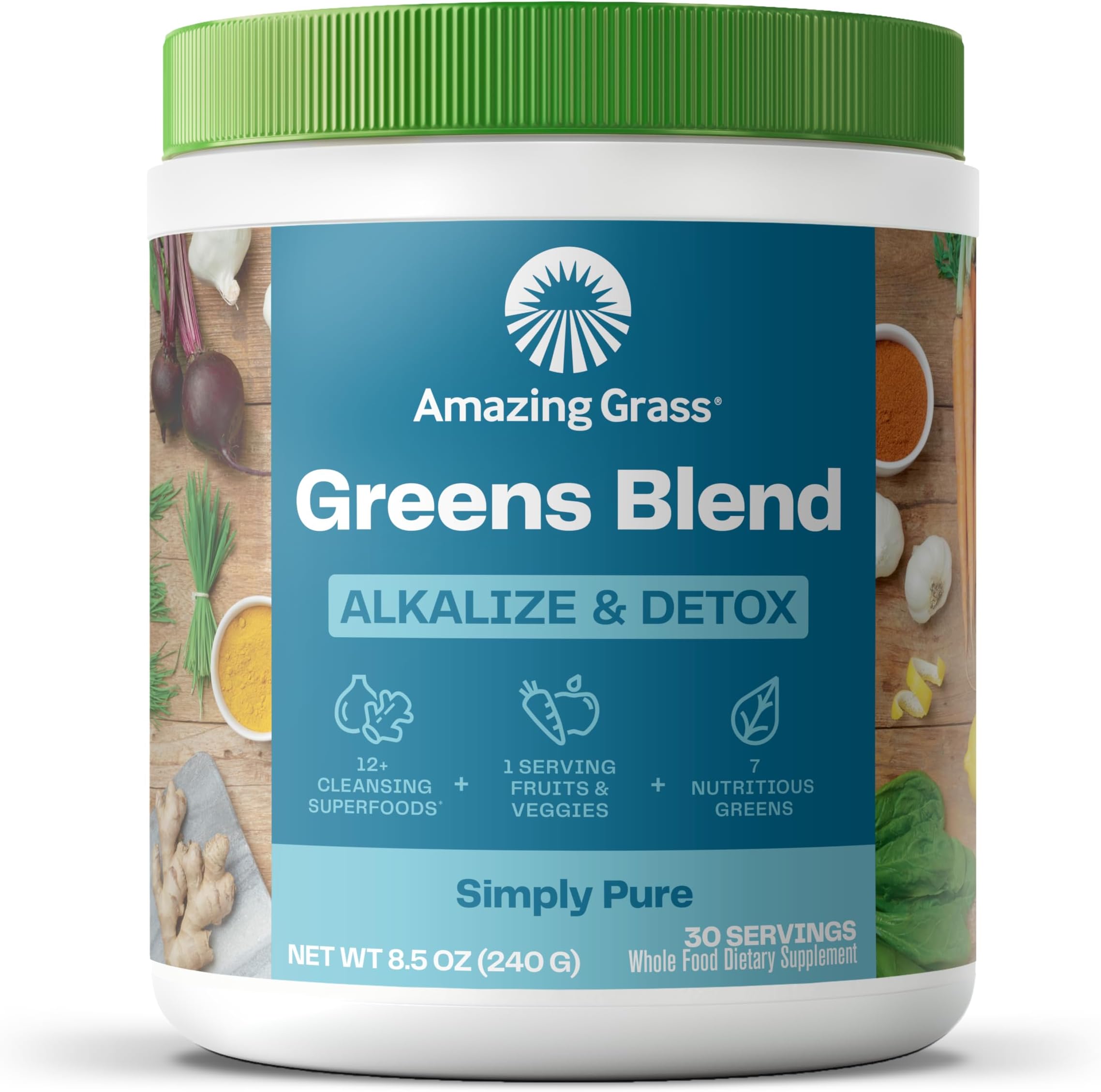 Amazing Grass Greens Blend Alkalize & Detox: Smoothie Mix, Cleanse with Super Greens & Beet Root Powder, Digestive Enzymes, Prebiotics & Probiotics, 30 Servings (Packaging May Vary)