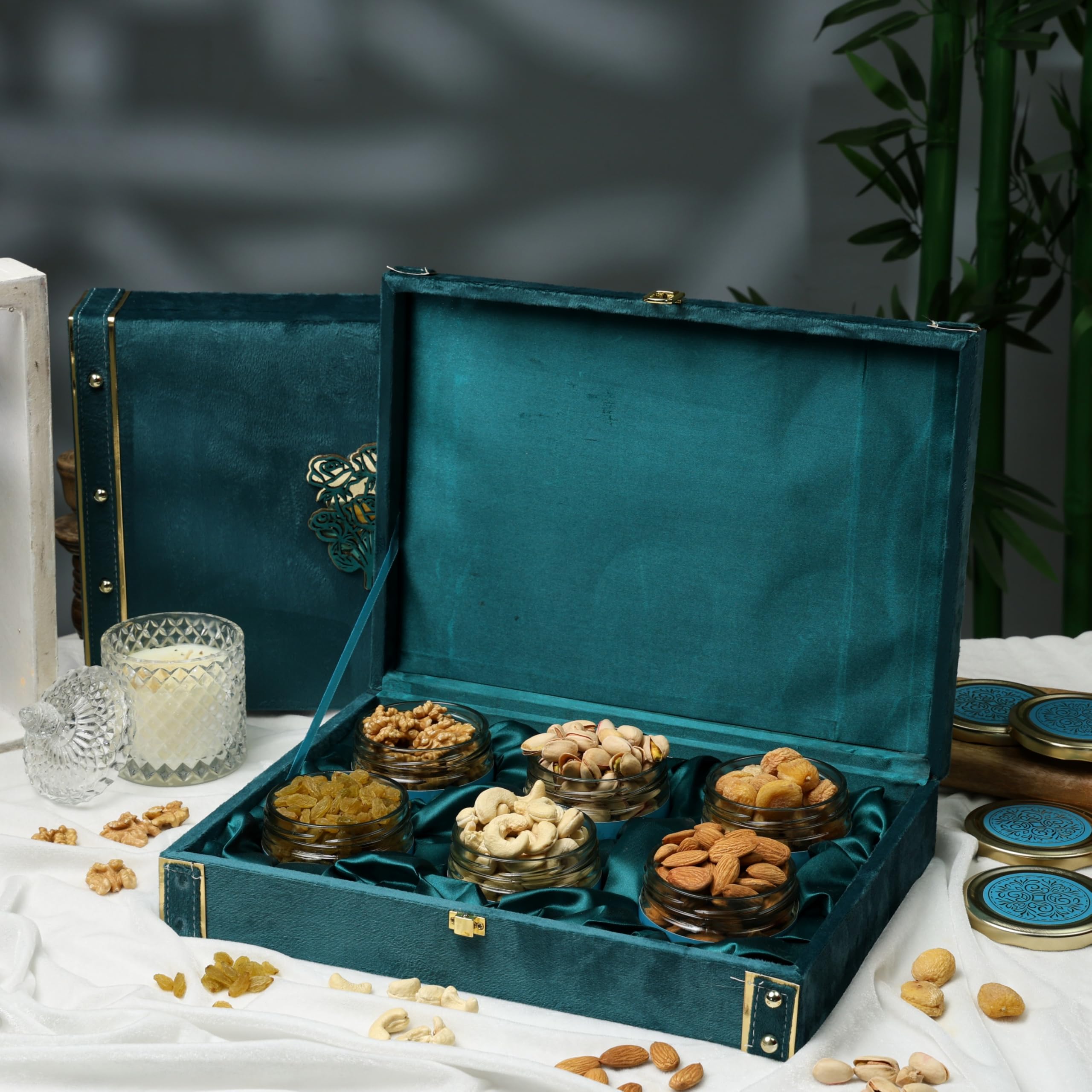 Riwaz Heritage Luxury Blue Velvet Dry Fruit Gift Box for Wedding, Diwali, Rakhi & Corporate Gifting | 6 Airtight Jars of Almonds, Cashews, Pistachios, Walnuts, Raisins & Khumani | Premium Hamper. 650 grams