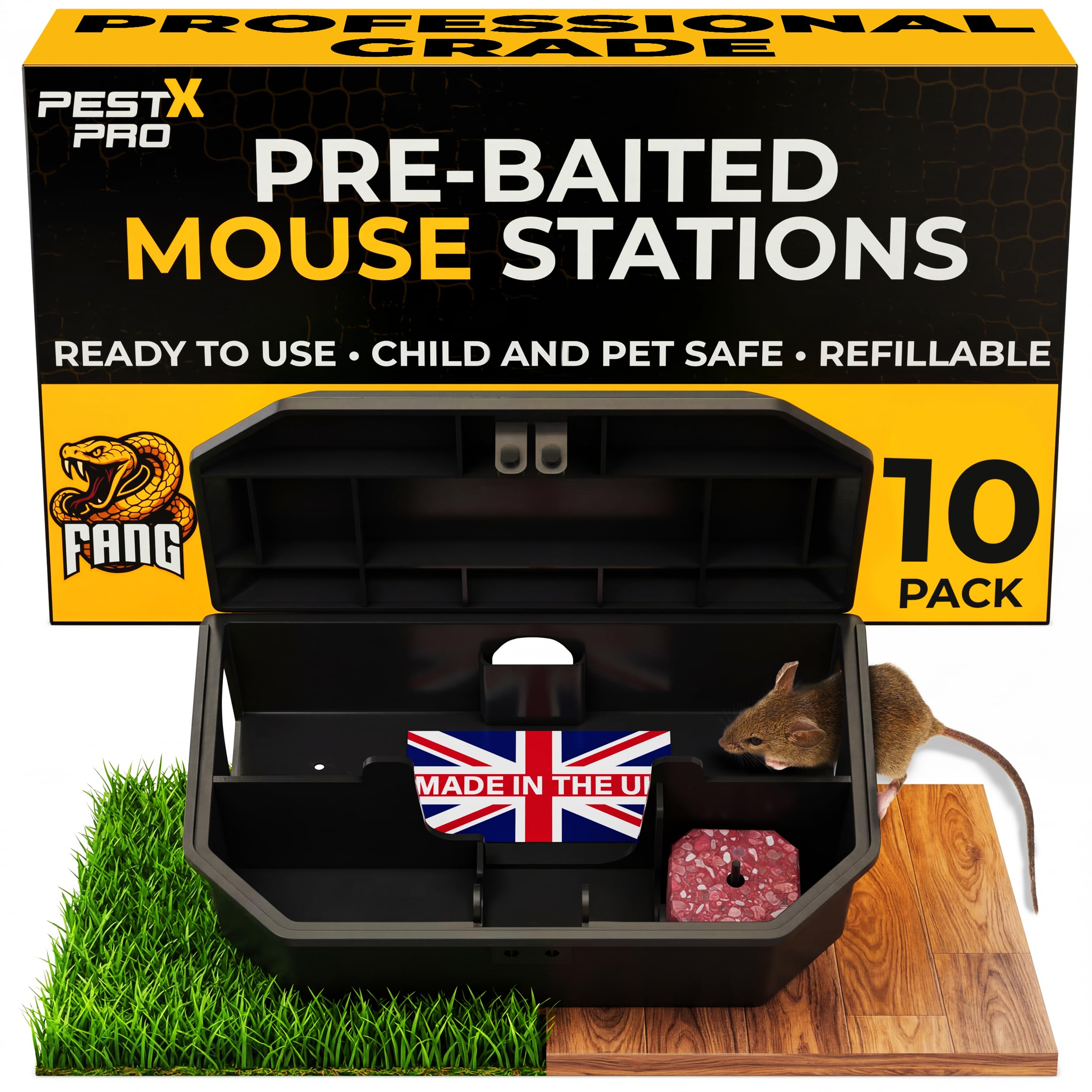 Pest-X Pro Fang Pre-Baited Mouse Bait Stations 10 Pack – Secure Mouse Poisoning Indoor and Outdoor Use – Mice Pre Baited Bait Boxes with Brodifacoum for Effective Rodent Control