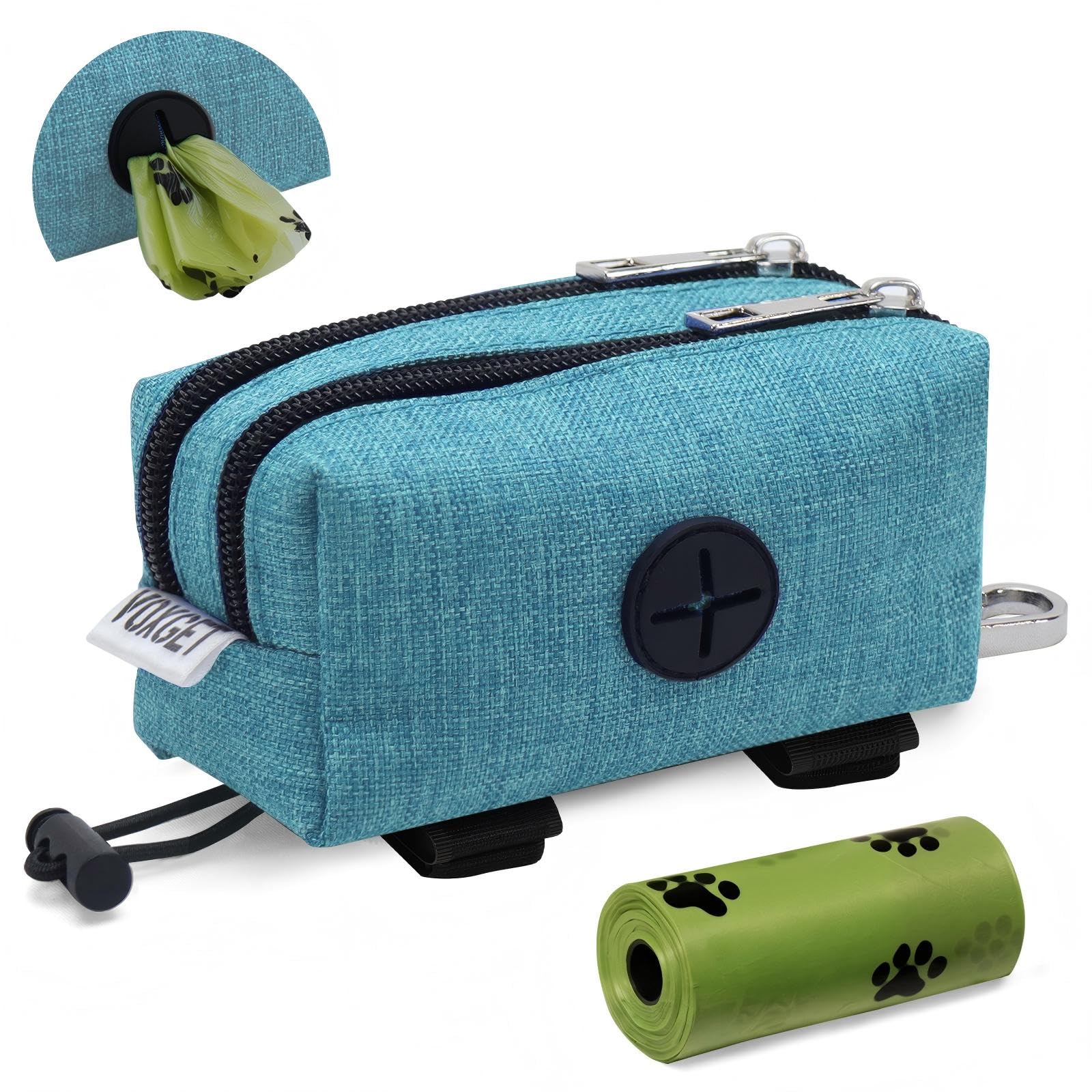 VOXGET Dog Poop Bag Holder for Leashes, Puppy Treat Pouch Carrier with 2 Zipper Pockets and Clip for Pets Doggy Training, Dog Waste Bag Dispenser with 1 Roll Poop Bags for Walking Accessories (Green)