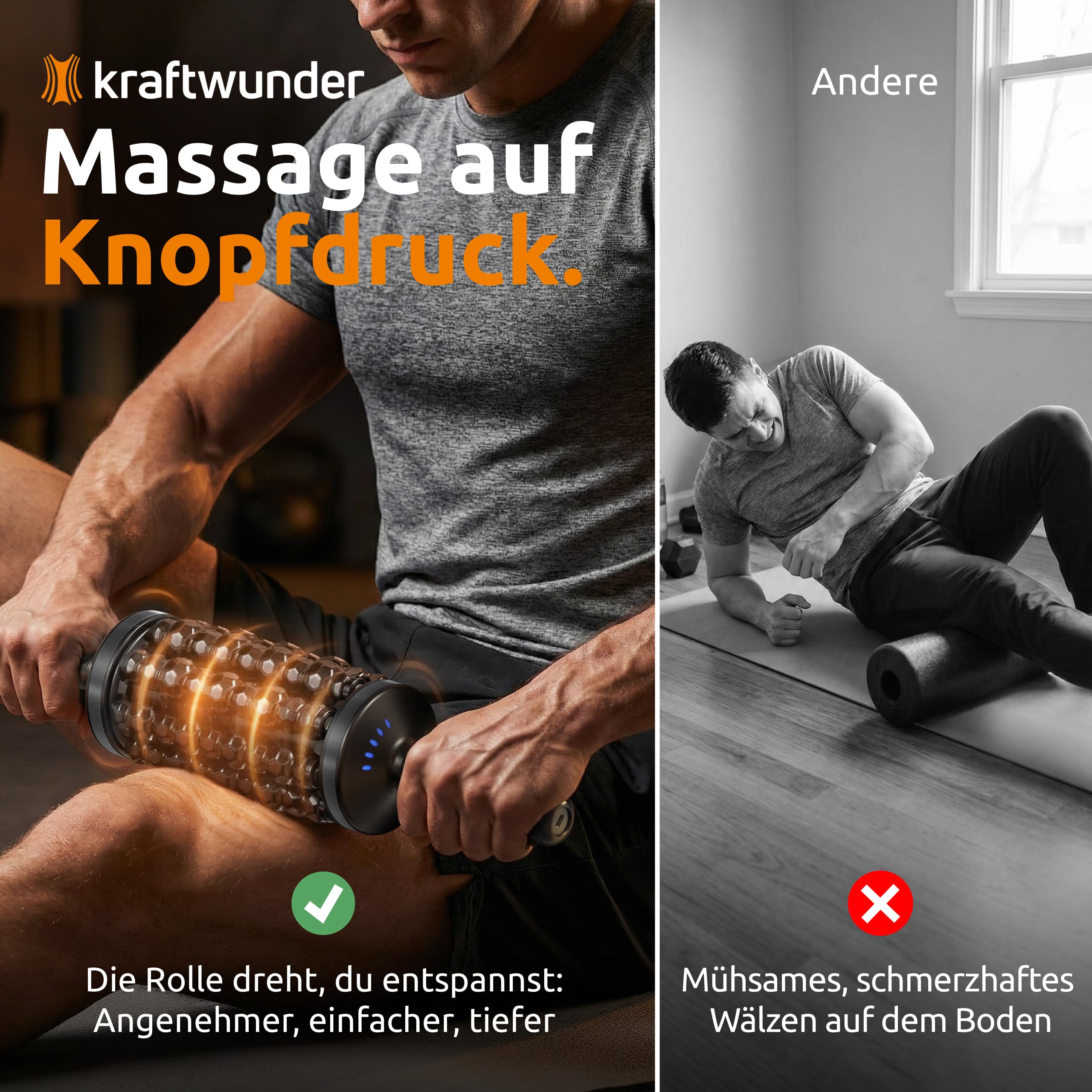 Elektrische Faszienrolle – 8 rotierende Walzen mit Klopfmassage statt Bodenturnen – Massageroller elektrisch mit Griff & Fuß-Station – Deep Roller für Rücken, Nacken & Beine (Schwarz)